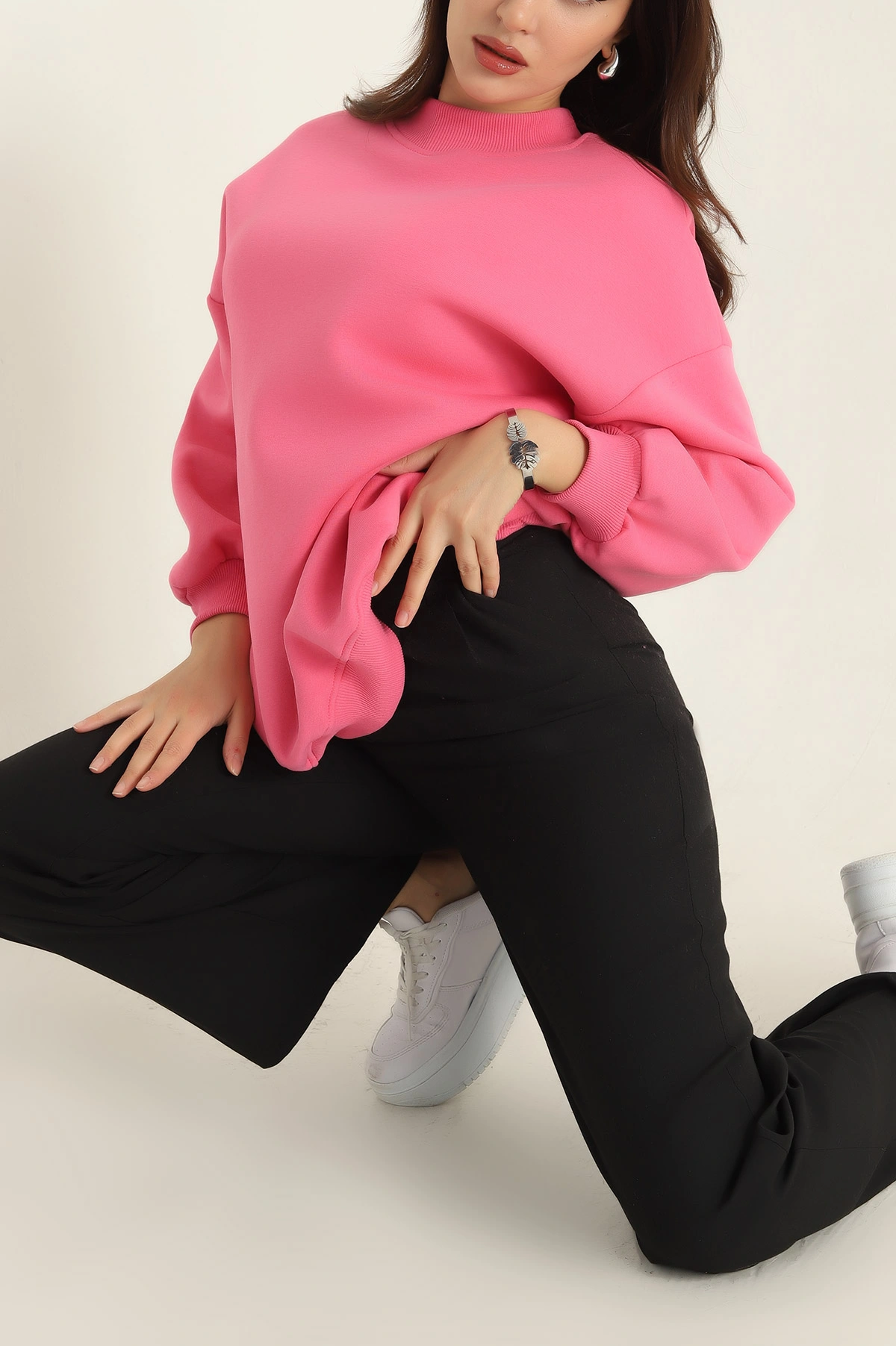 Pembe Üç İplik Şardonlu Sweat Tunik 321591