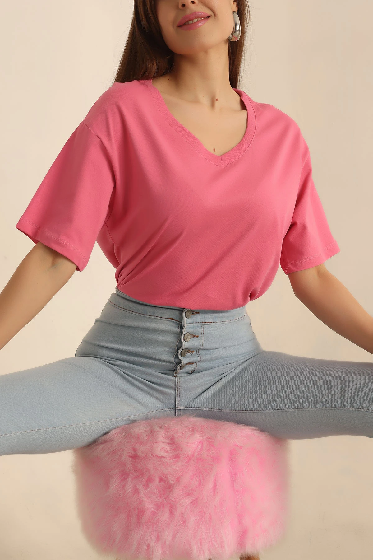 Pembe V Yaka Bayan Tişört 245510