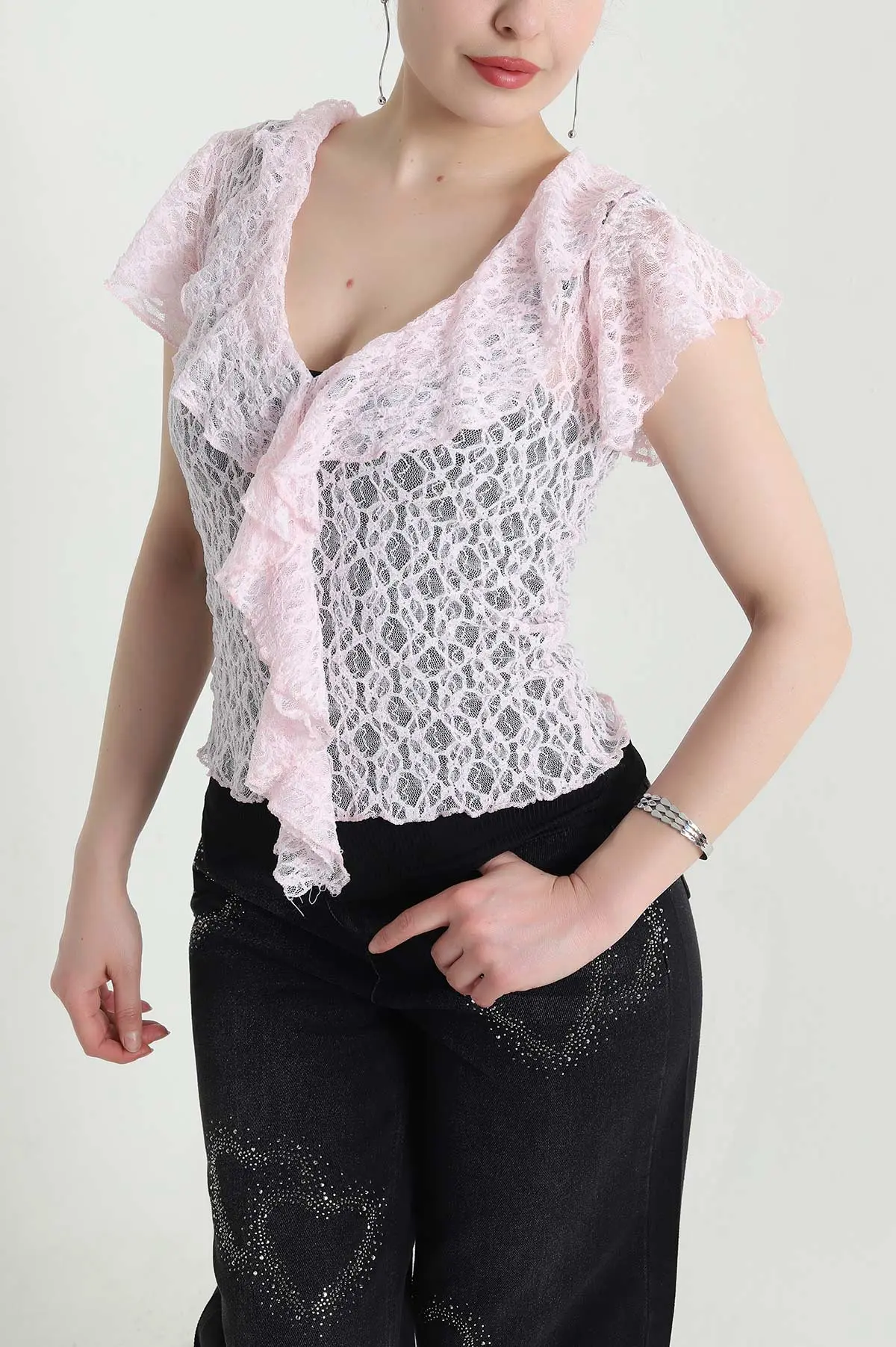 Pembe V Yaka Dantelli Tül Bluz 454060