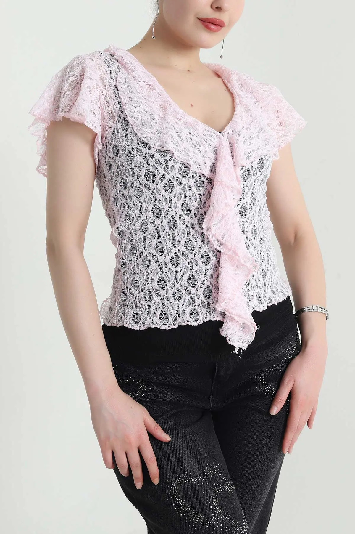 Pembe V Yaka Dantelli Tül Bluz 454060