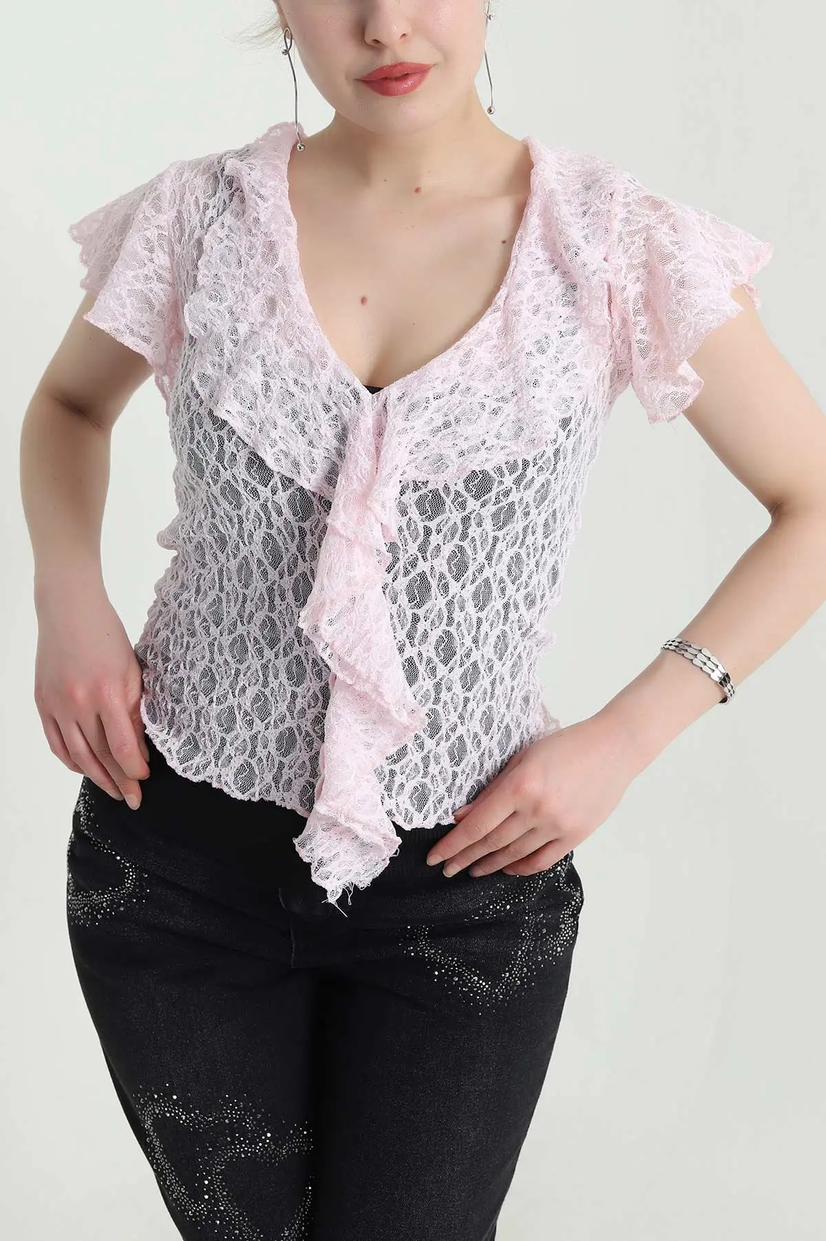Pembe V Yaka Dantelli Tül Bluz 454060