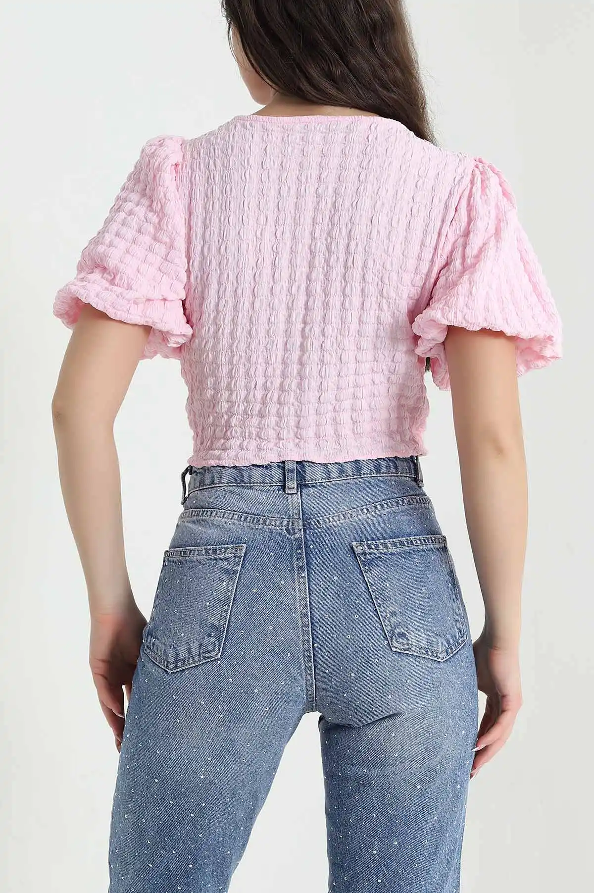Pembe V Yaka Gofre Kadın Crop 456752