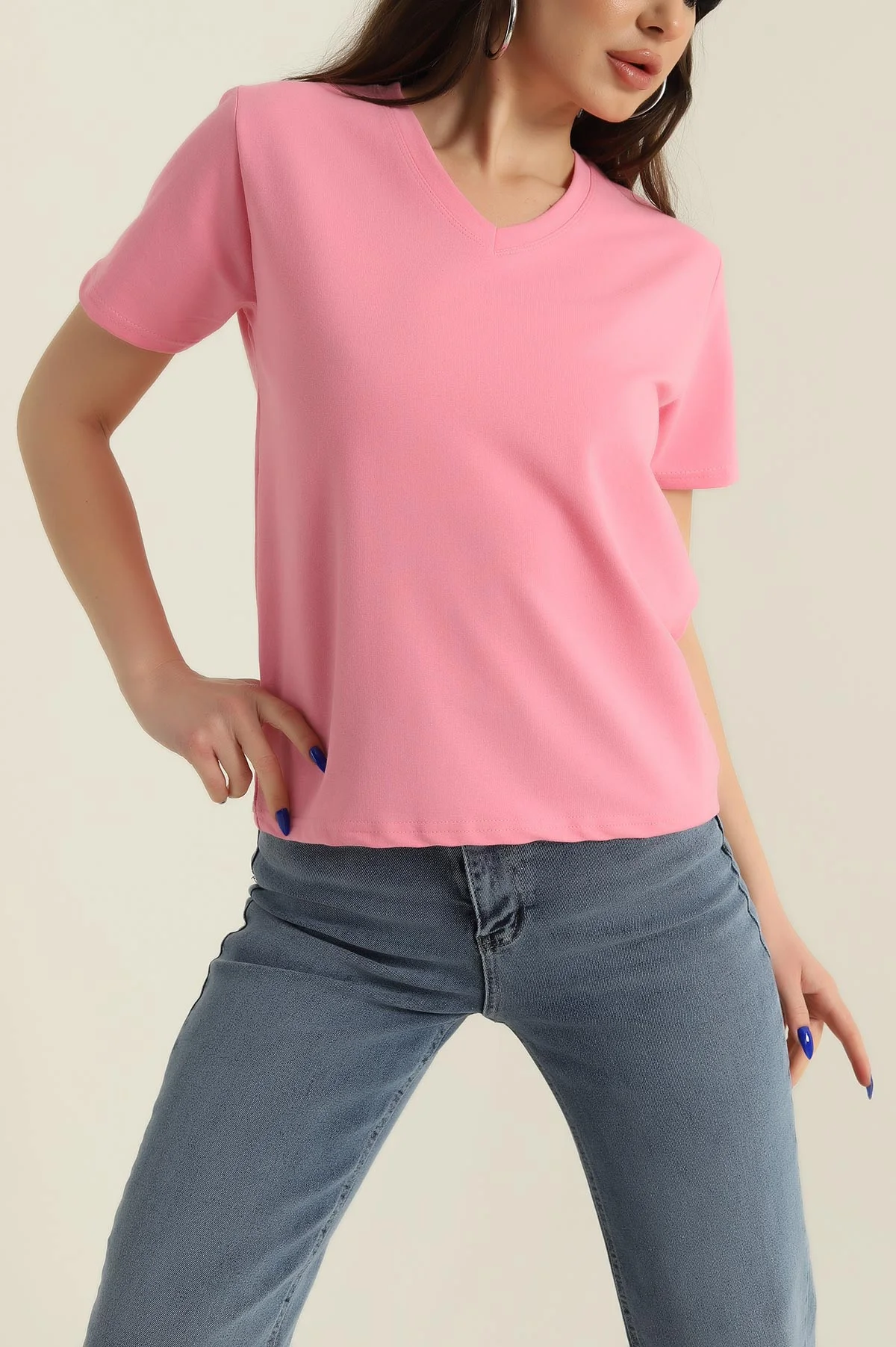 Pembe V Yaka İki İp Kadın Tişört 424398
