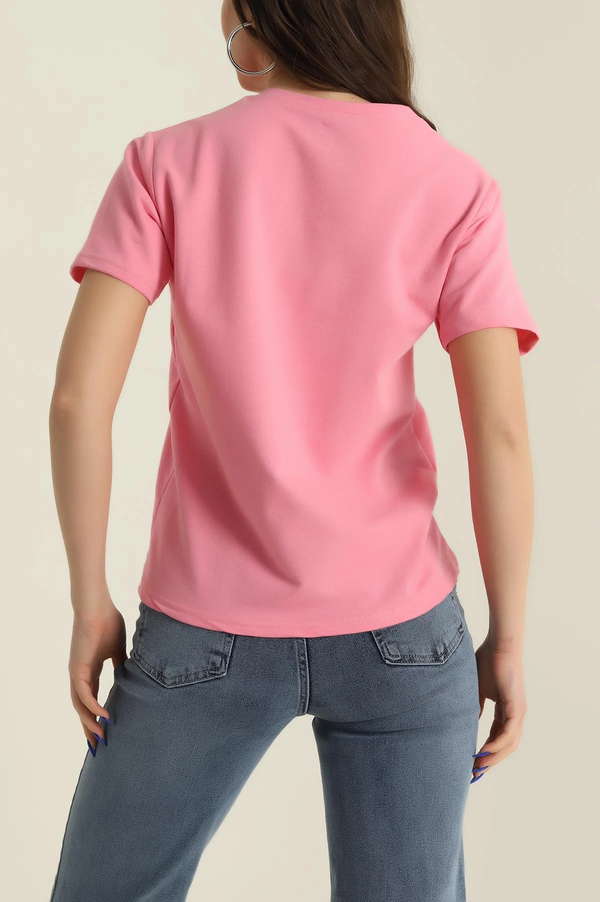 Pembe V Yaka İki İp Kadın Tişört 424398
