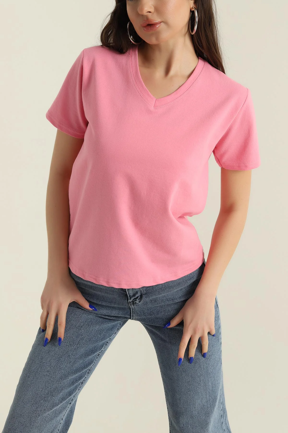 Pembe V Yaka İki İp Kadın Tişört 424398