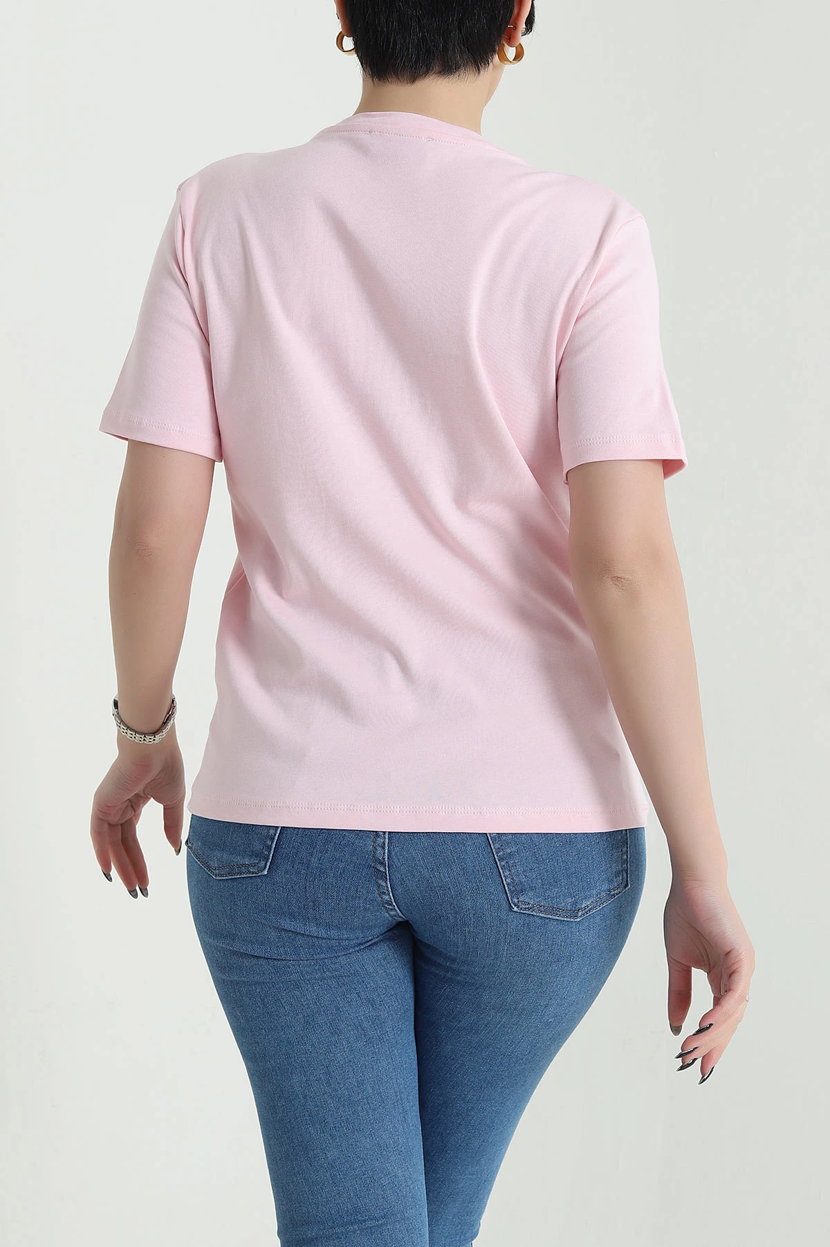 Pembe V Yaka İnterlok Kadın Tişört 453736