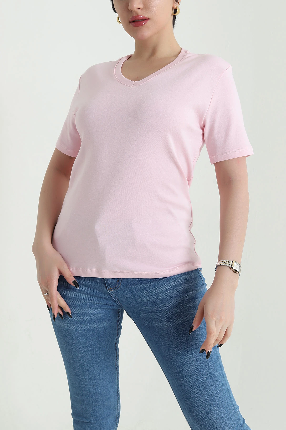 Pembe V Yaka İnterlok Kadın Tişört 453736