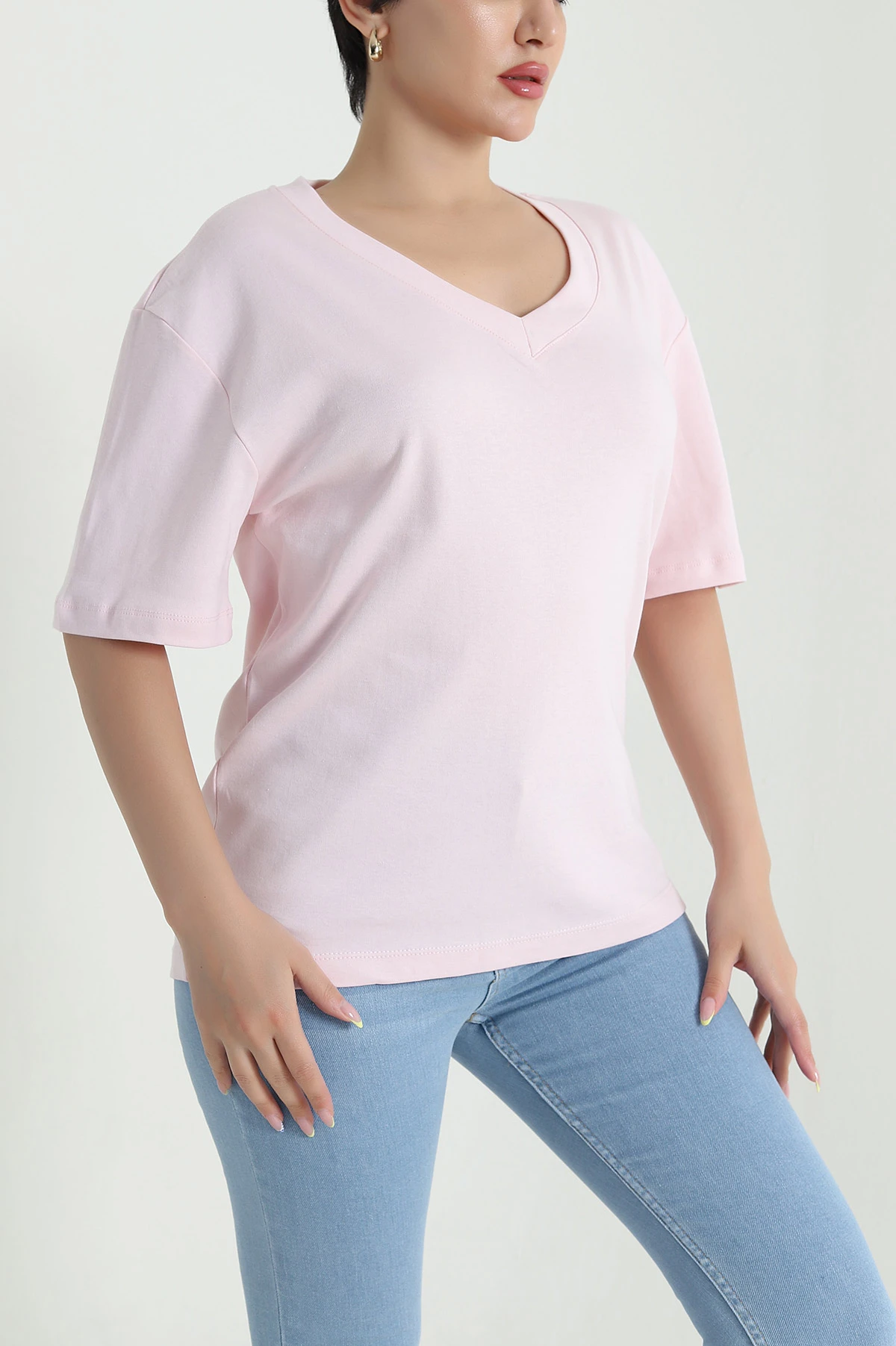 Pembe V Yaka İnterlok Relax Kadın Tişört 468345
