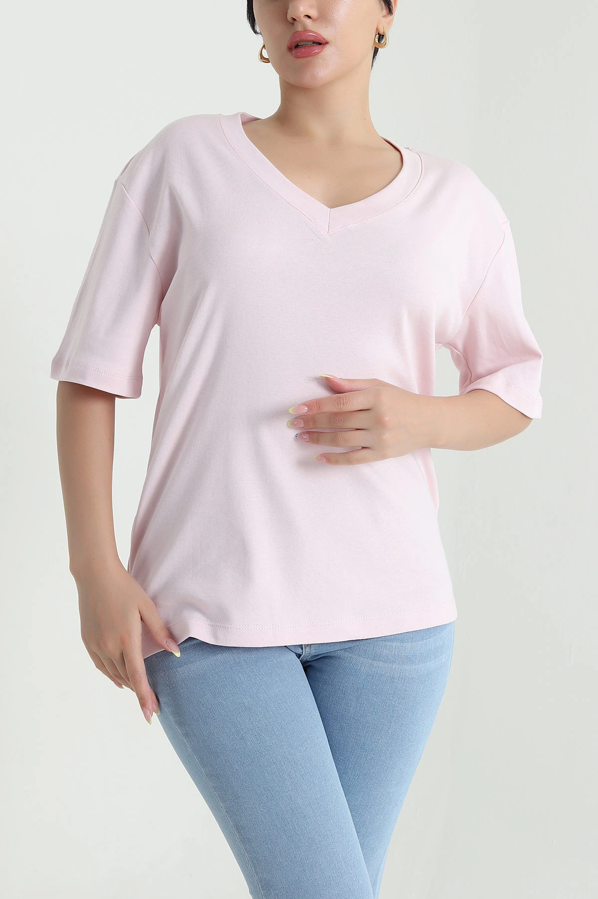 Pembe V Yaka İnterlok Relax Kadın Tişört 468345