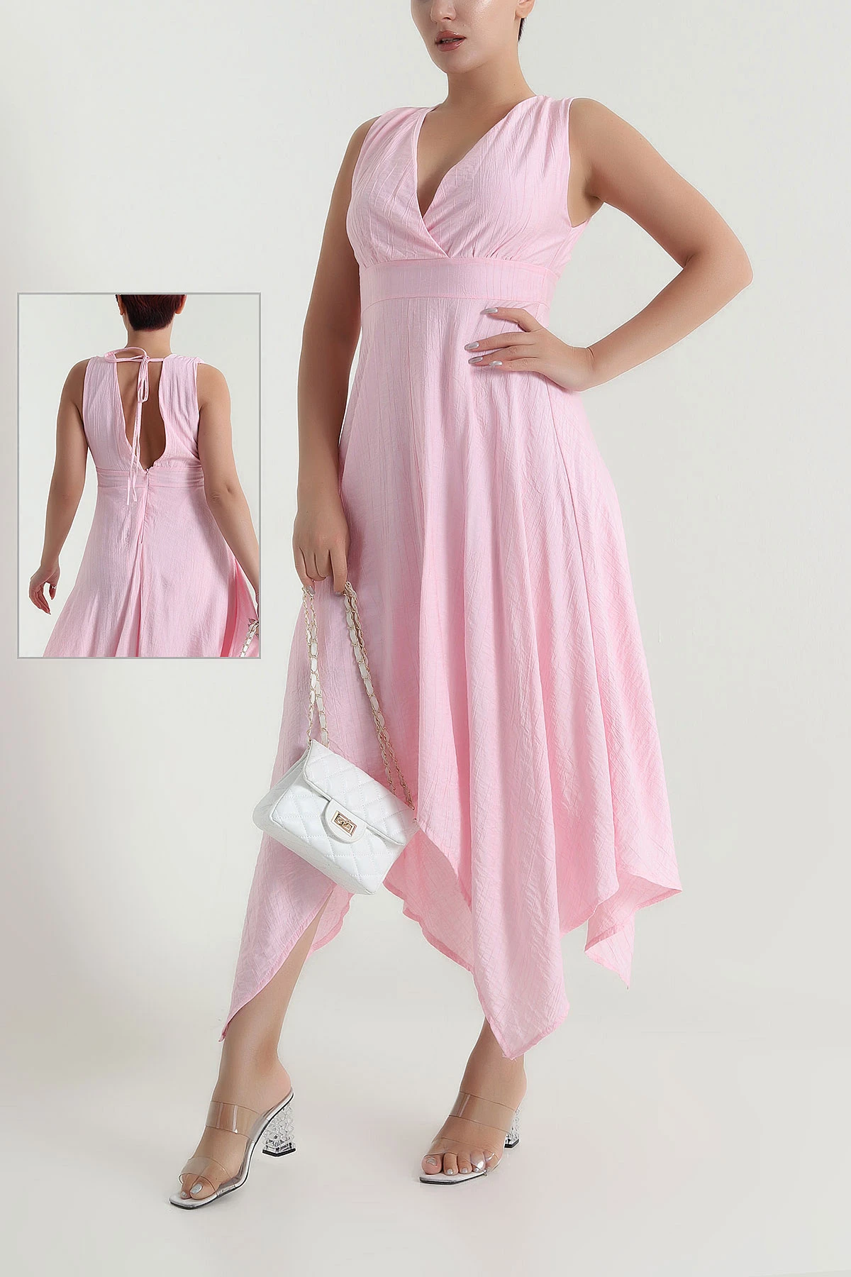 Pembe V Yaka Kadın Çilek Elbise 482533