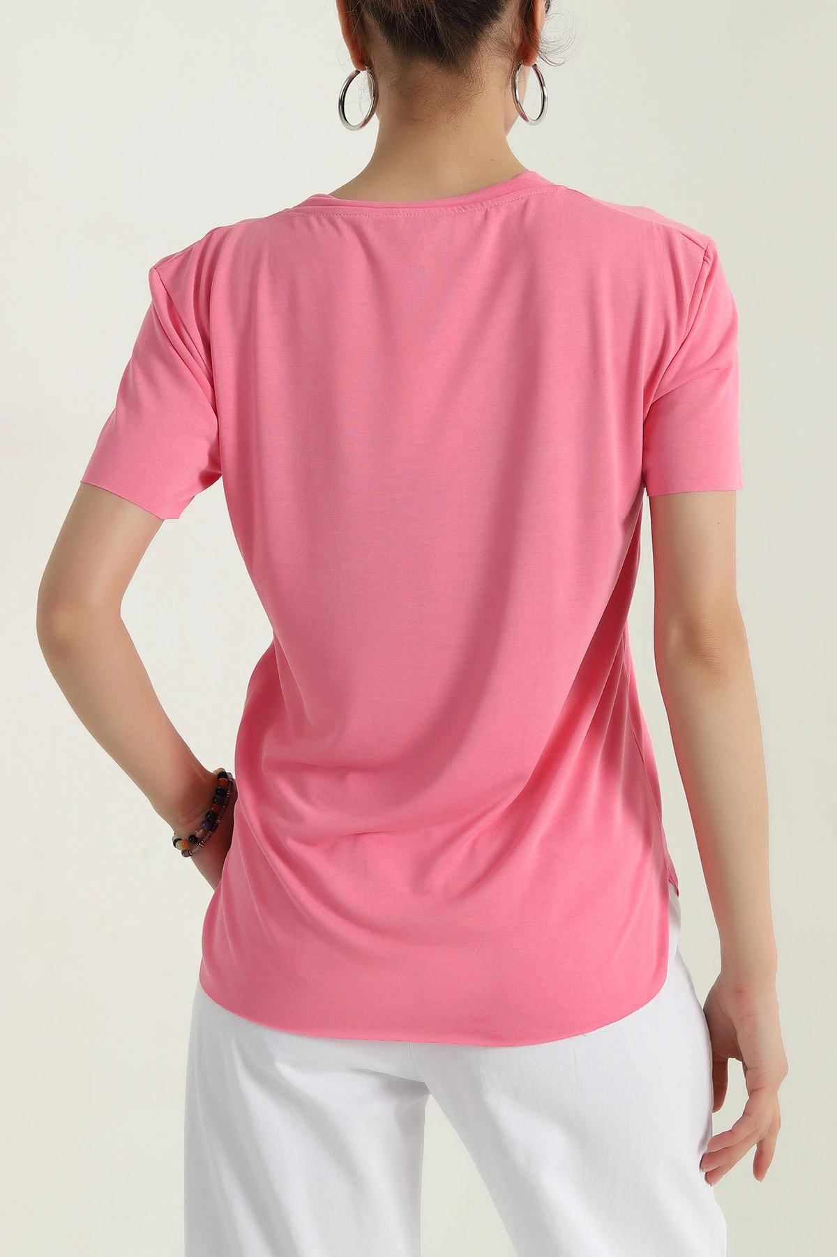 Pembe V Yaka Kadın Tişört 381279
