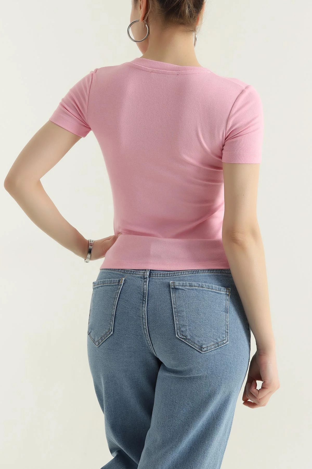 Pembe V Yaka Likralı Kadın Bluz 437222