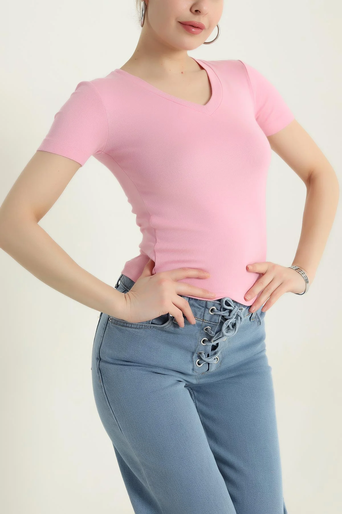 Pembe V Yaka Likralı Kadın Bluz 437222