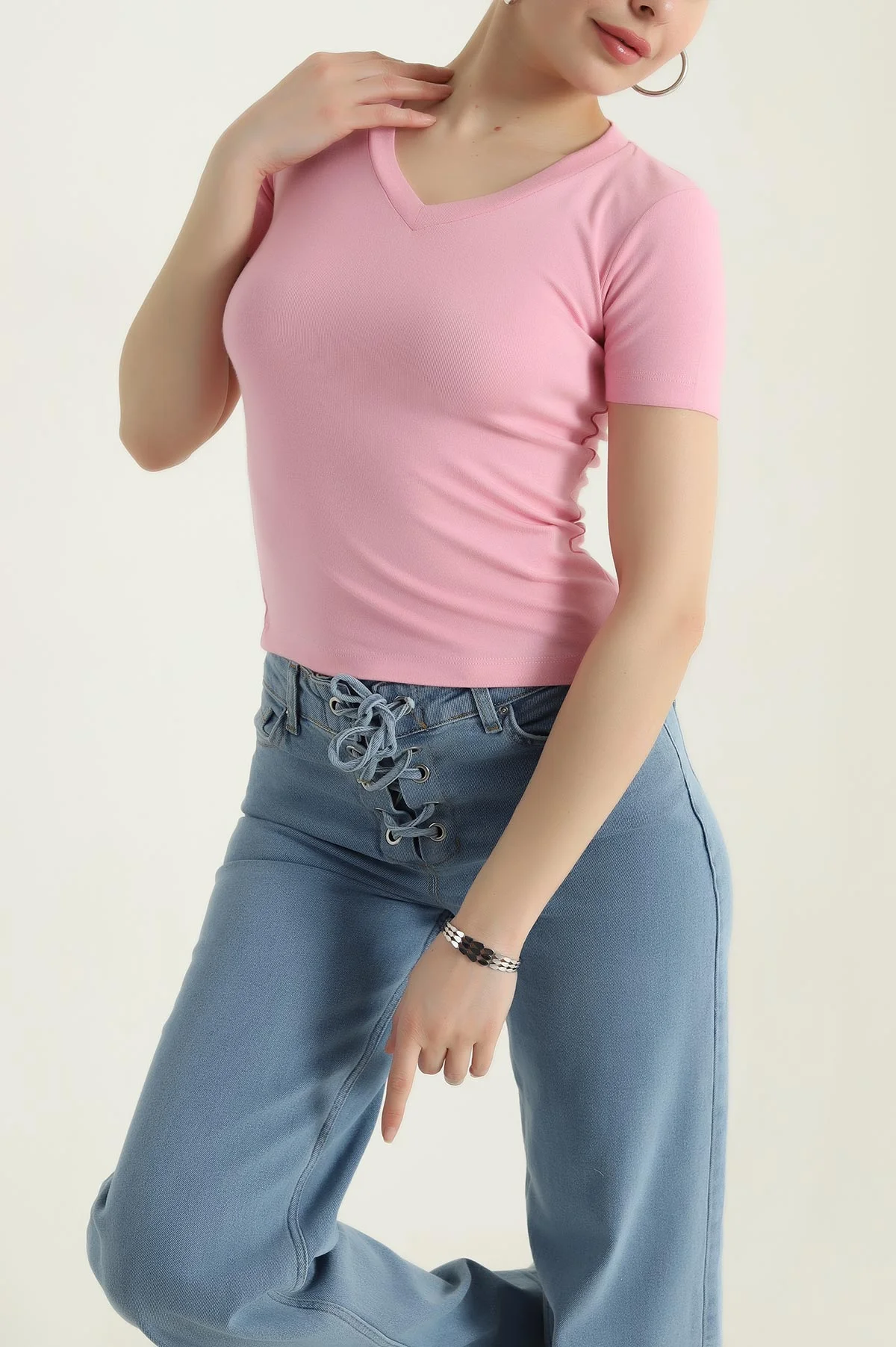 Pembe V Yaka Likralı Kadın Bluz 437222