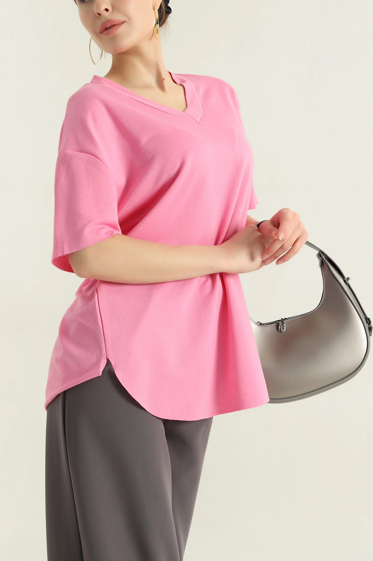Pembe V Yaka Modal Kadın Tişört 346376