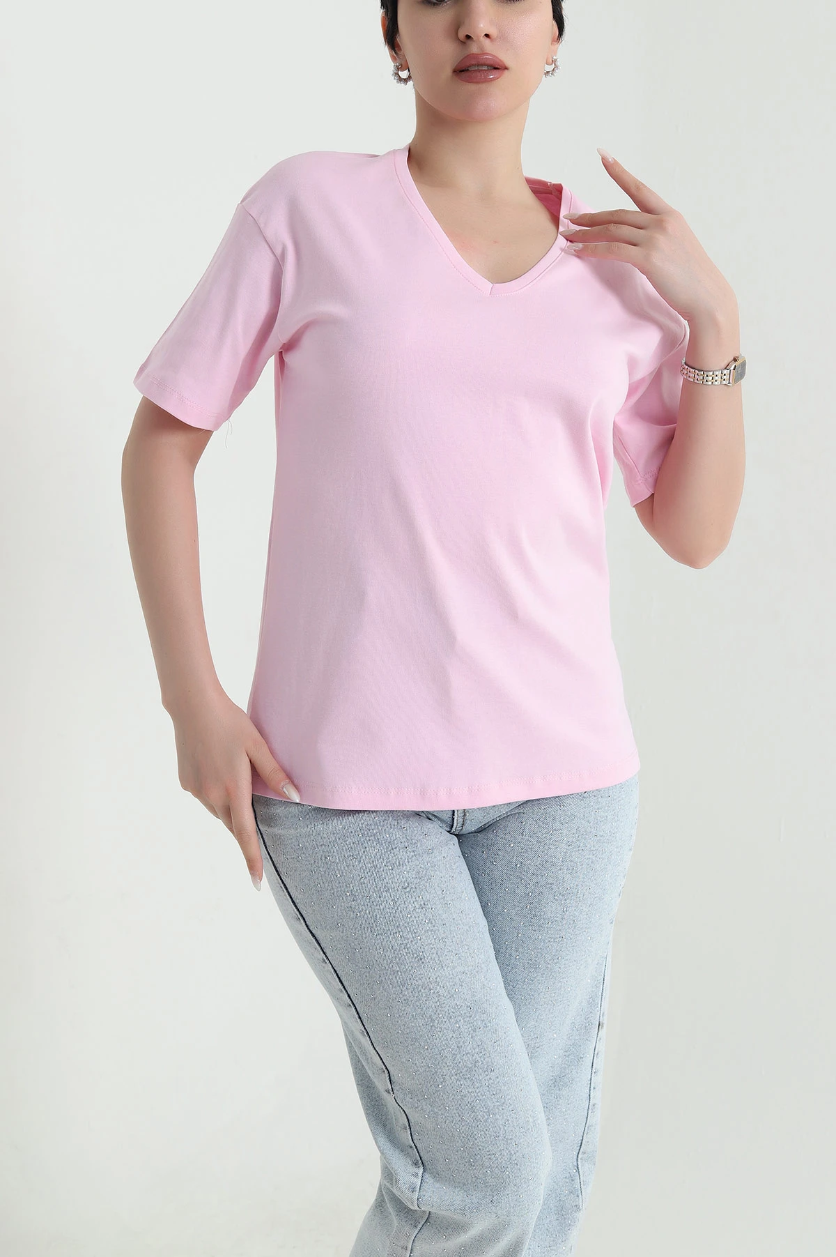 Pembe V Yaka Ribana Kadın Tişört 450990