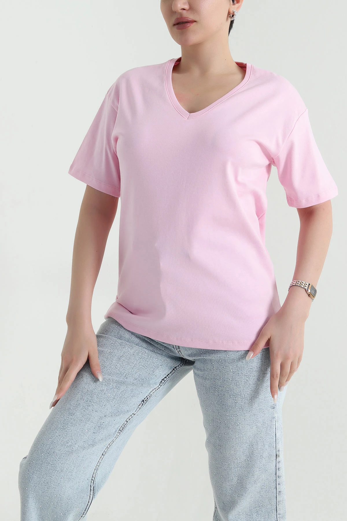 Pembe V Yaka Ribana Kadın Tişört 450990
