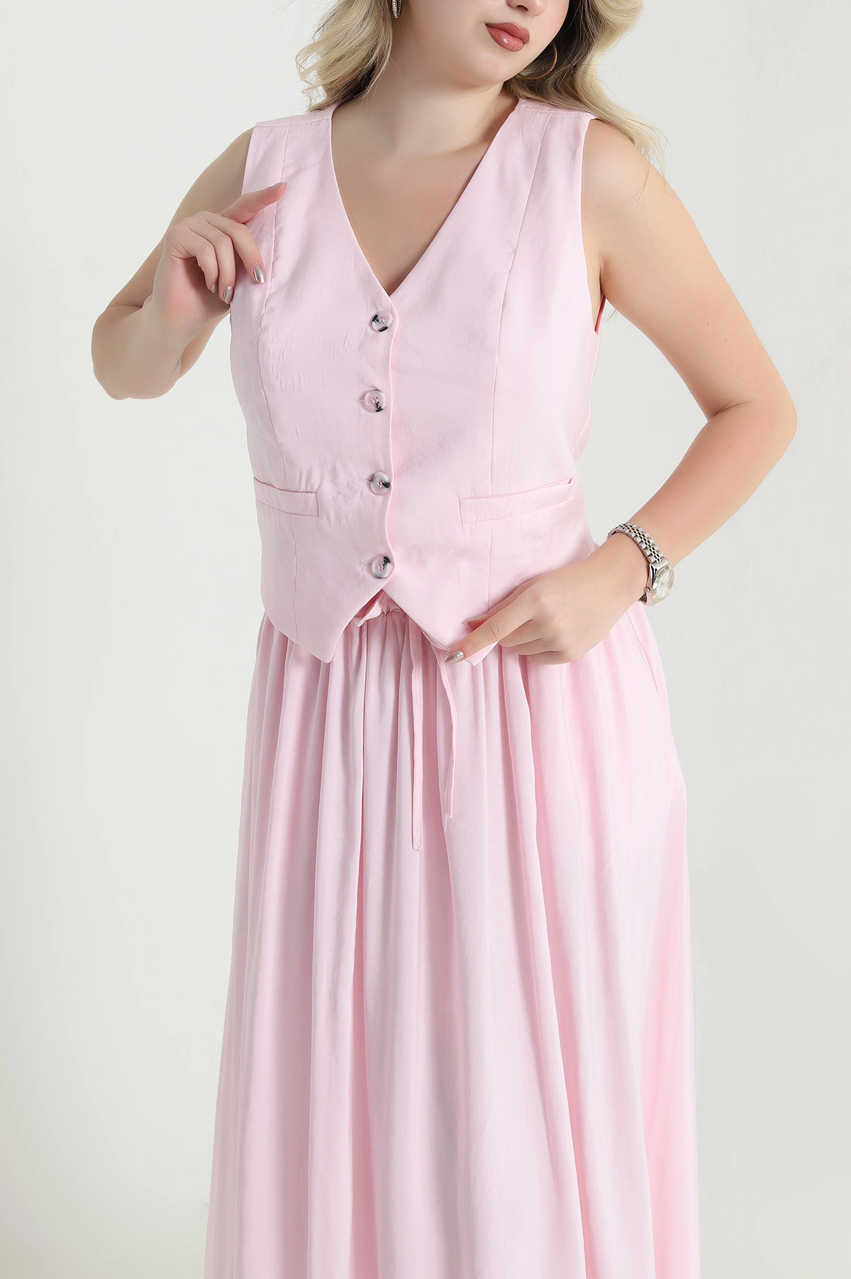 Pembe V Yaka Tencel Kadın İkili Takım 462587