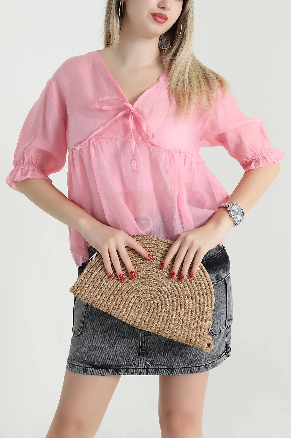 Pembe V Yaka Tensel Kadın Bluz 467772