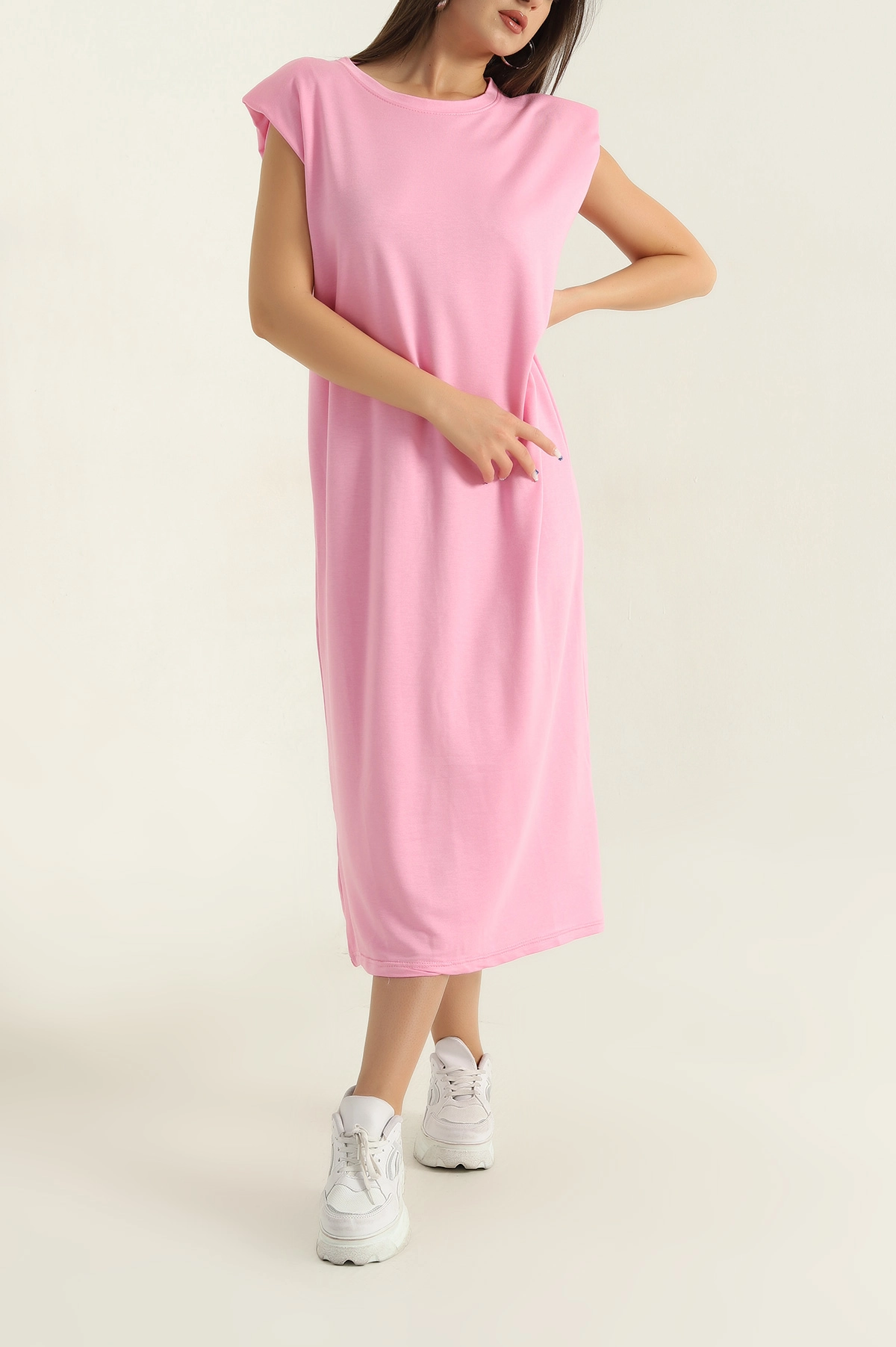 Pembe Vatkalı Kristal Kolsuz Kadın Elbise 372740
