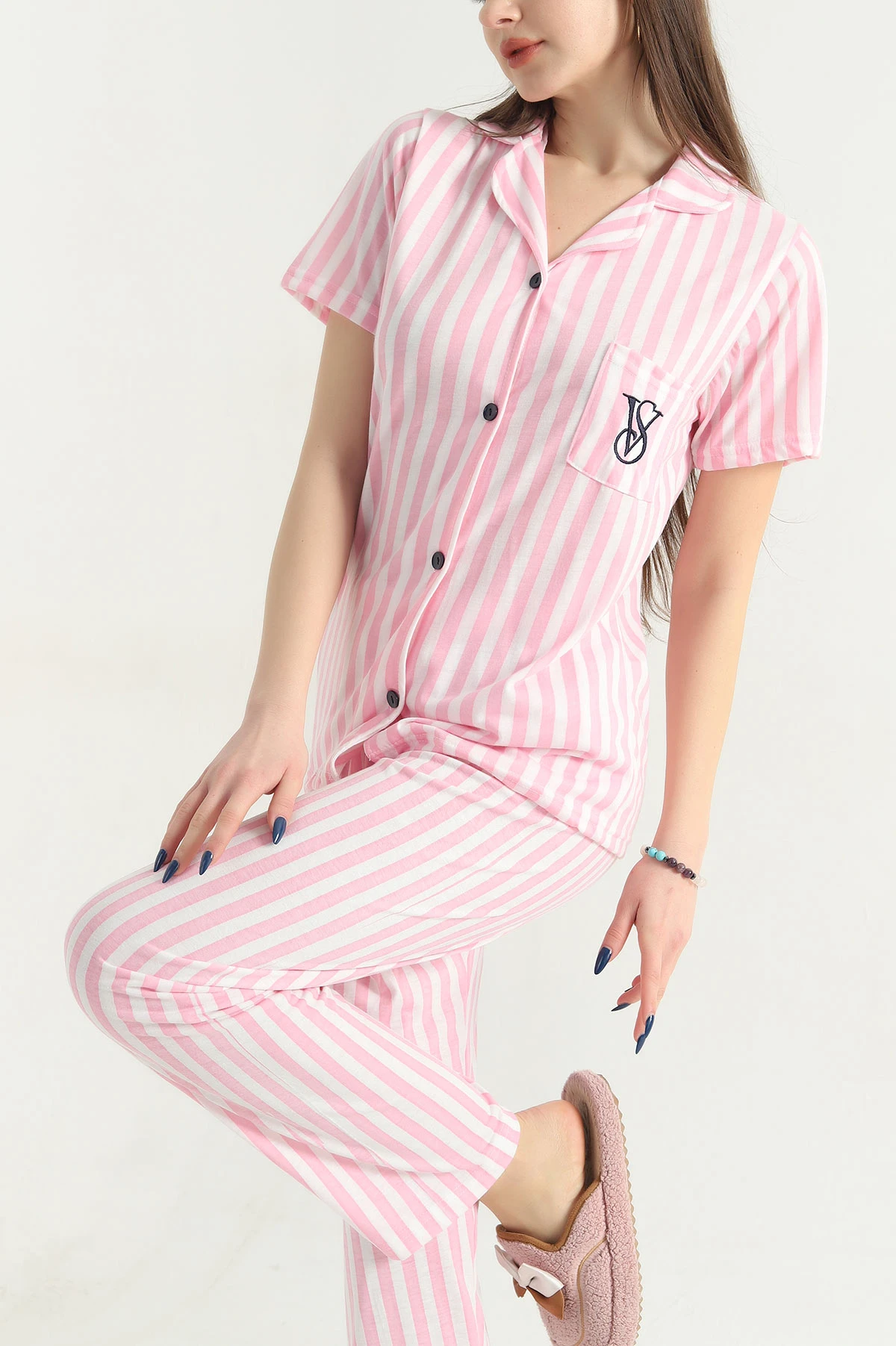 Pembe Viskon Düğmeli Kadın Pijama Takımı 341728