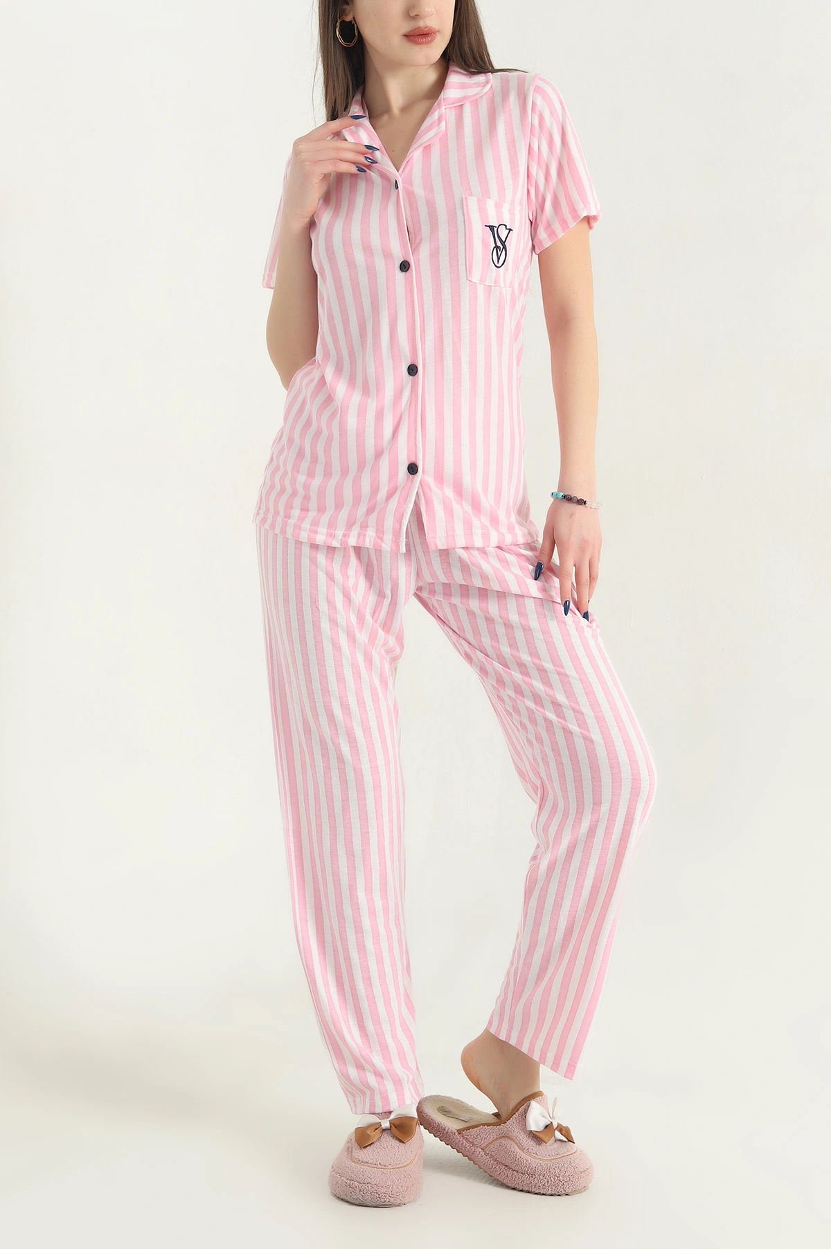 Pembe Viskon Düğmeli Kadın Pijama Takımı 341728