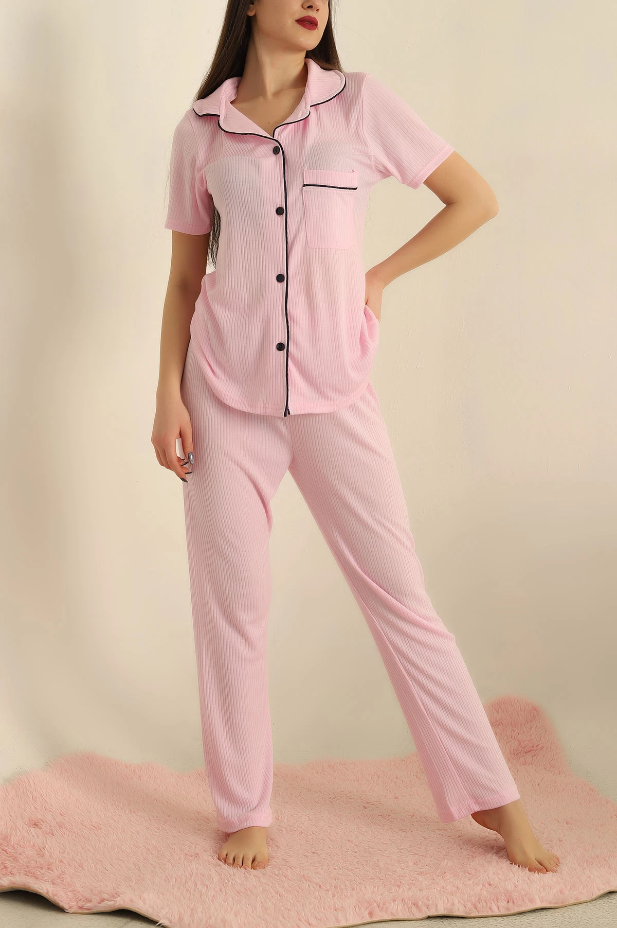 Pembe Viskon Düğmeli Fitilli Pijama Takımı 251556
