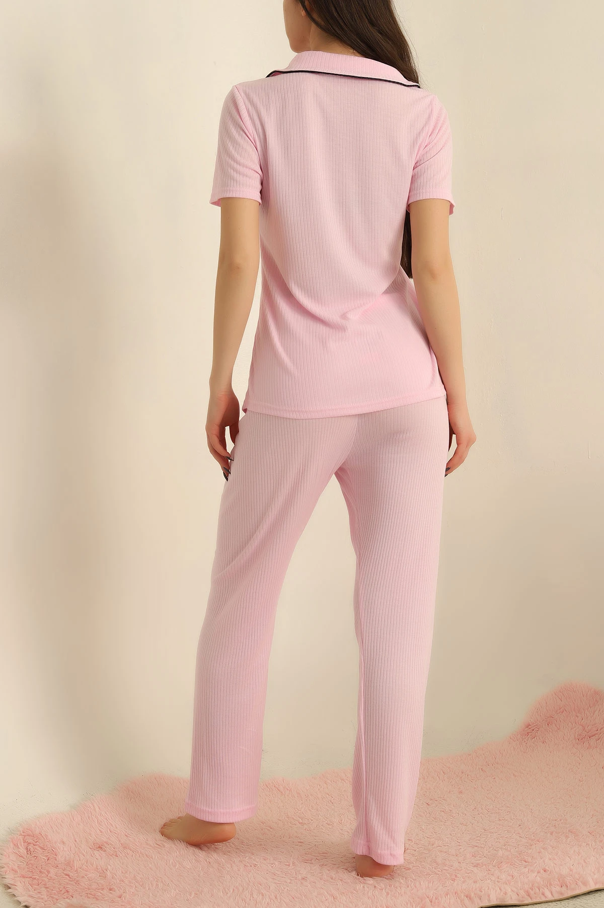 Pembe Viskon Düğmeli Fitilli Pijama Takımı 251556