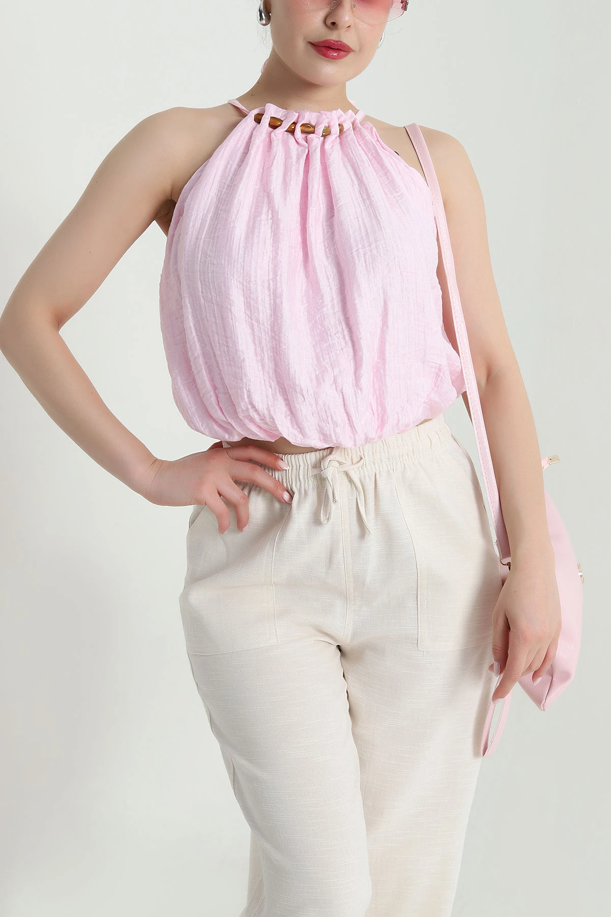 Pembe Yaka Boncuk Detay Müslin Bluz 470625