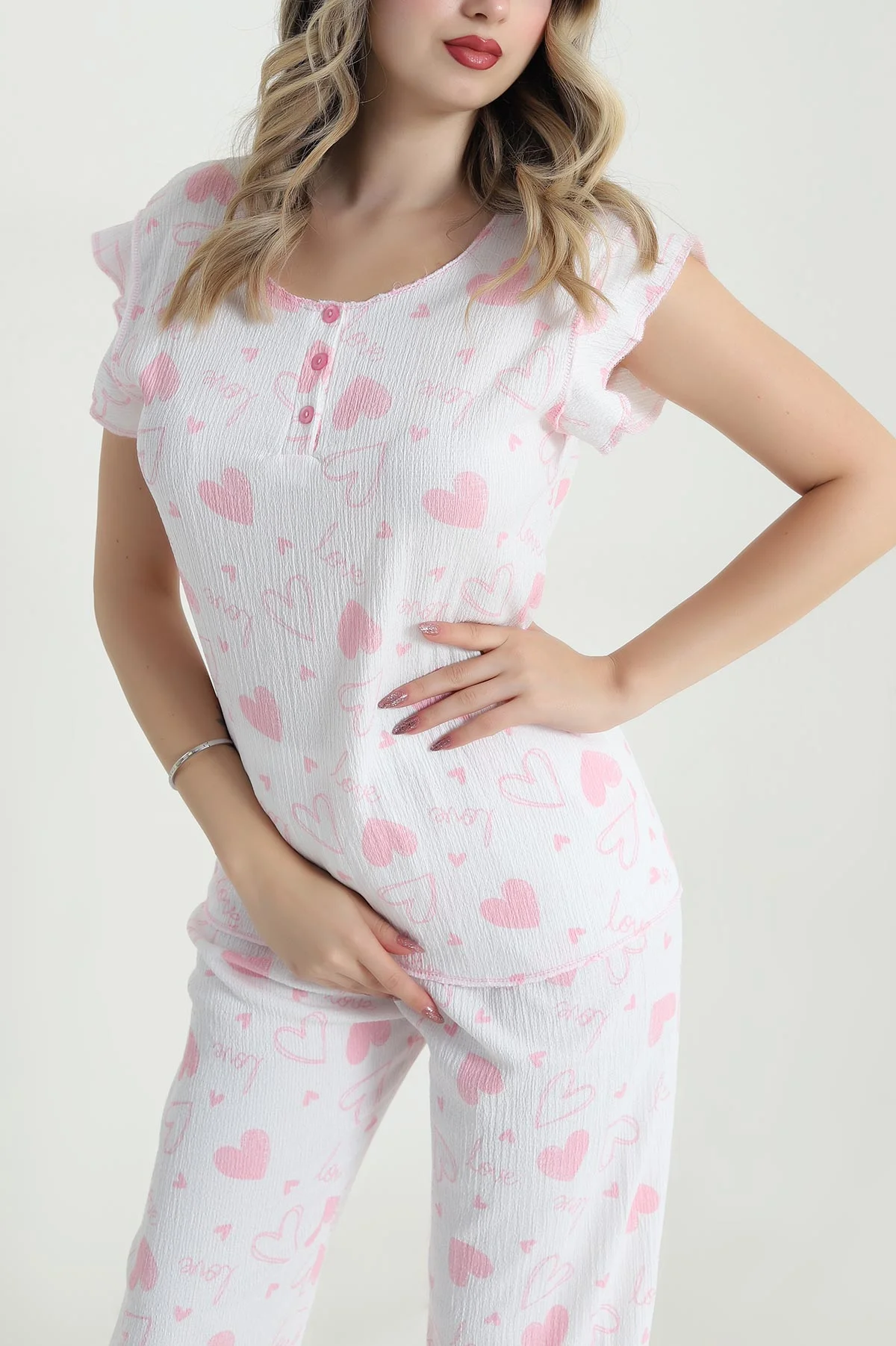Pembe Yaka Düğmeli Bürümcük Kadın Pijama Takımı 479568