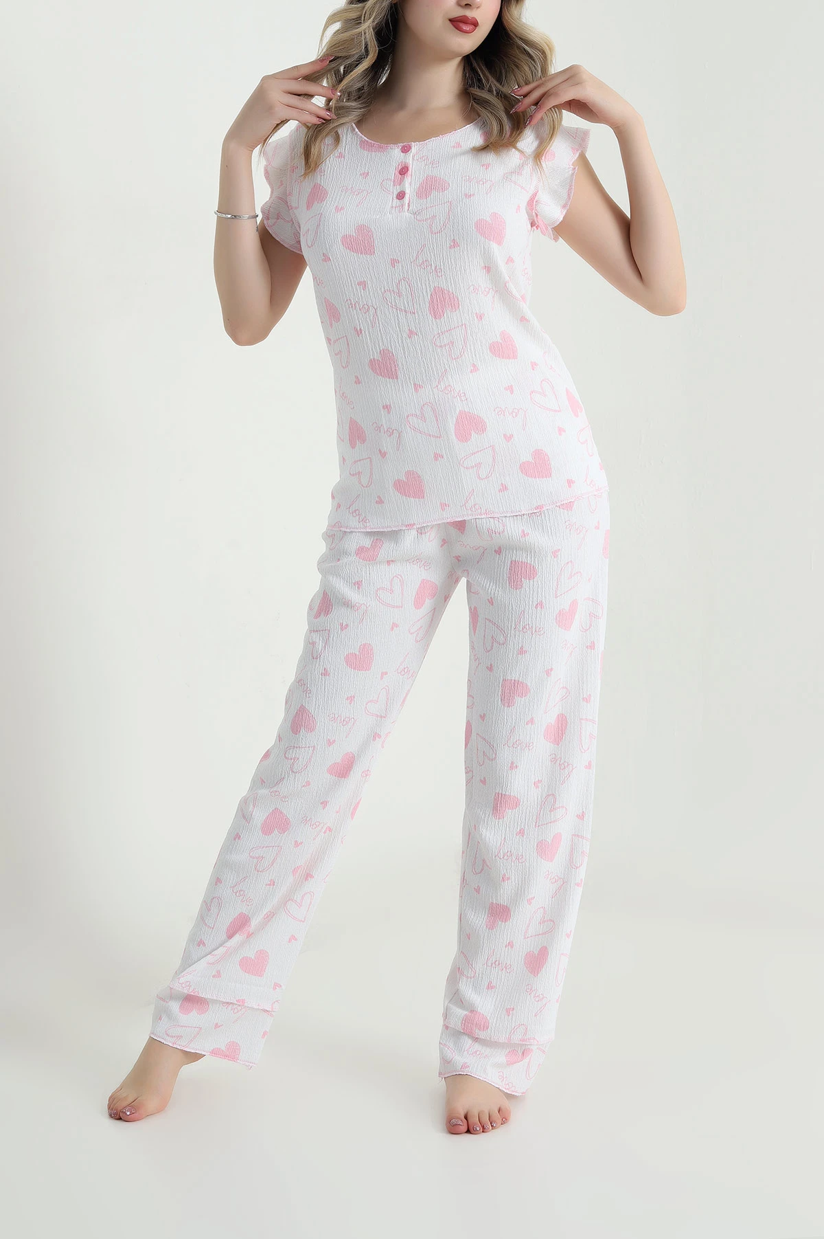 Pembe Yaka Düğmeli Bürümcük Kadın Pijama Takımı 479568