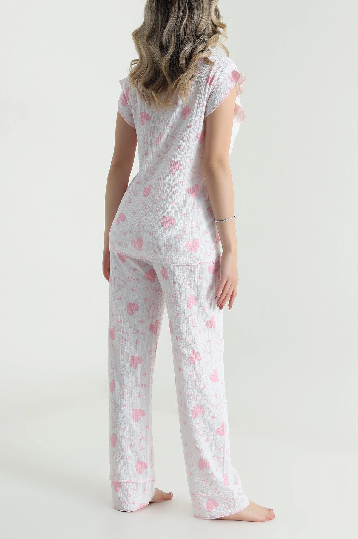 Pembe Yaka Düğmeli Bürümcük Kadın Pijama Takımı 479568