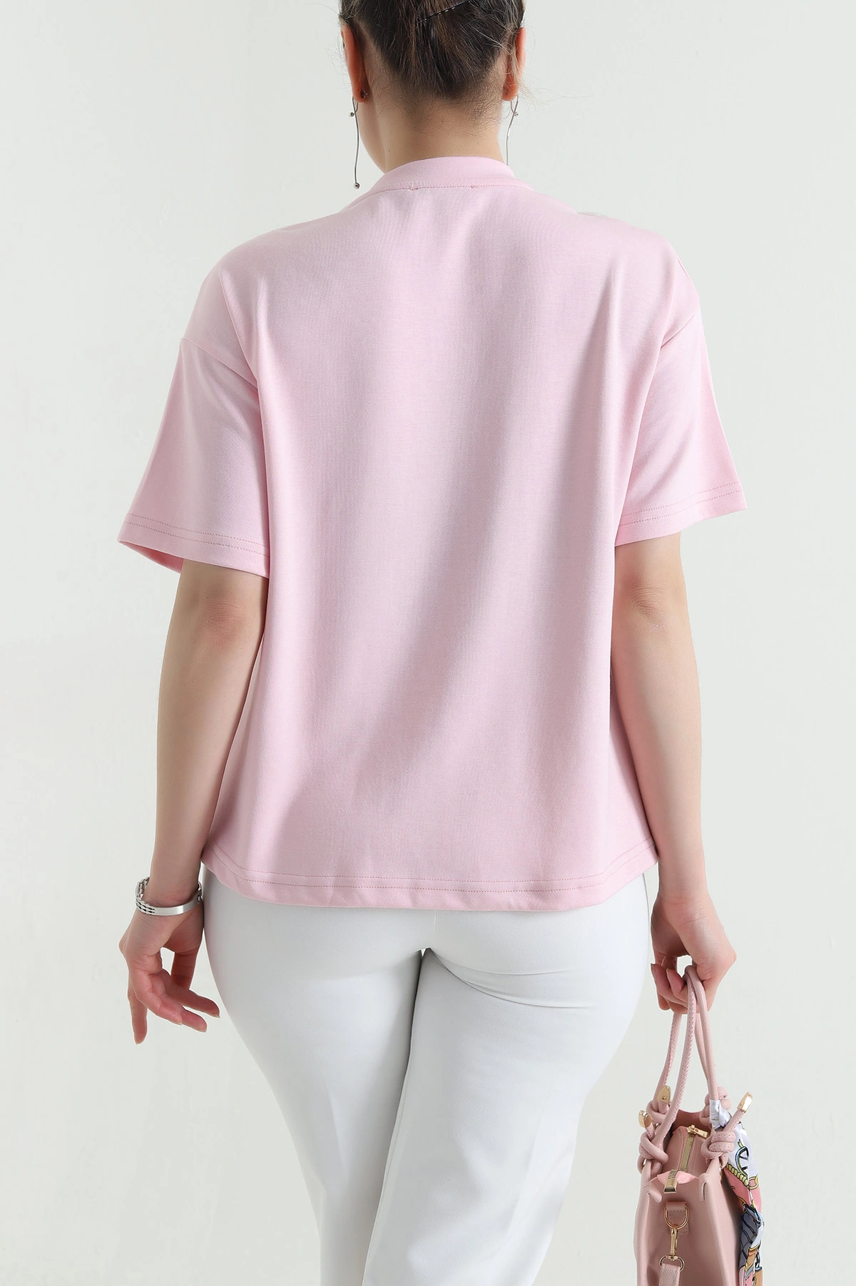 Pembe Yaka Fular Detay Modal Kadın Bluz 453896