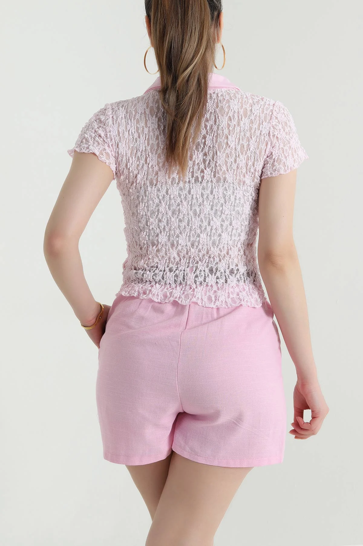 Pembe Yakalı Güpür Tasarım Kadın Bluz 466417