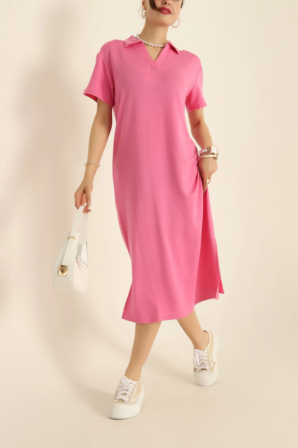 Pembe Yakalı Yırtmaçlı Modal Elbise 278733