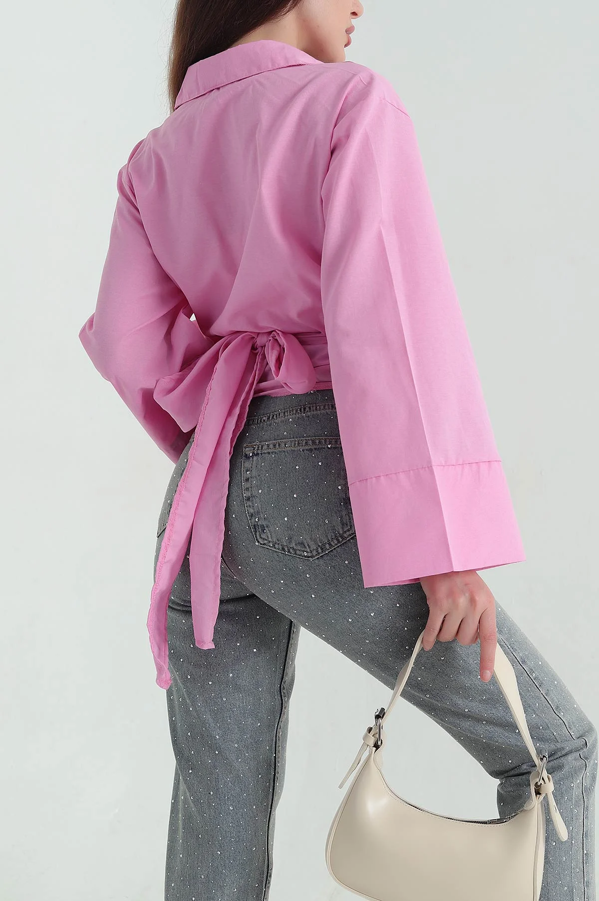 Pembe Yandan Bağlamalı Kadın Poplin Gömlek 352674