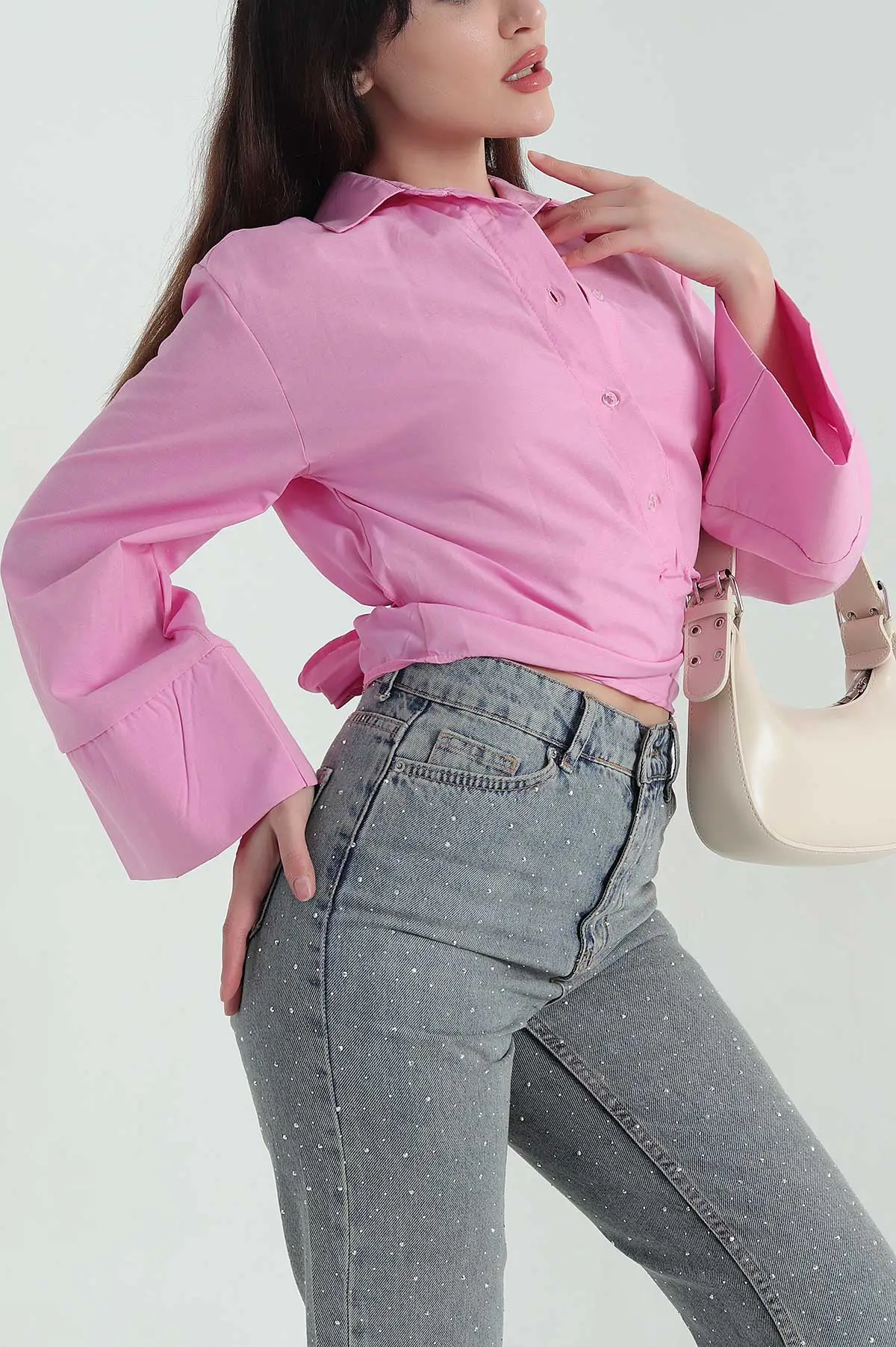 Pembe Yandan Bağlamalı Kadın Poplin Gömlek 352674