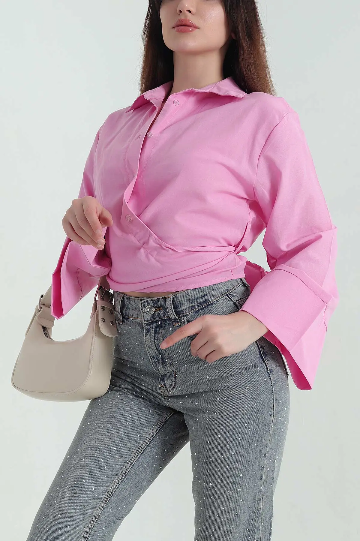 Pembe Yandan Bağlamalı Kadın Poplin Gömlek 352674