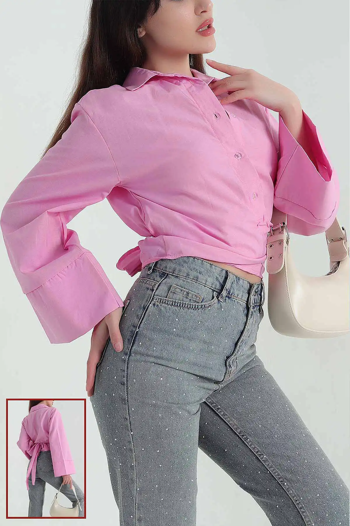 Pembe Yandan Bağlamalı Kadın Poplin Gömlek 352674