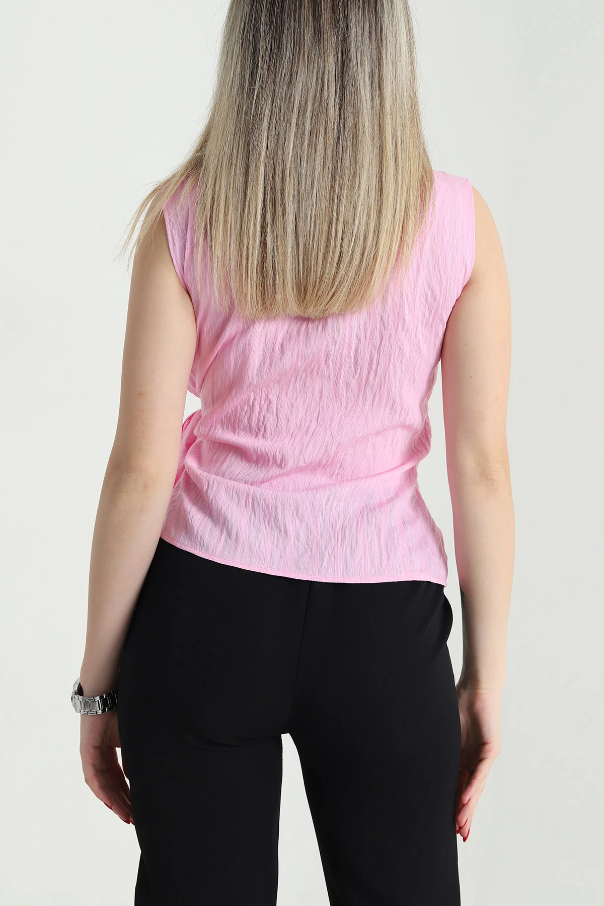 Pembe Yandan Bağlamalı Kolsuz Tensel Kadın Bluz 466759