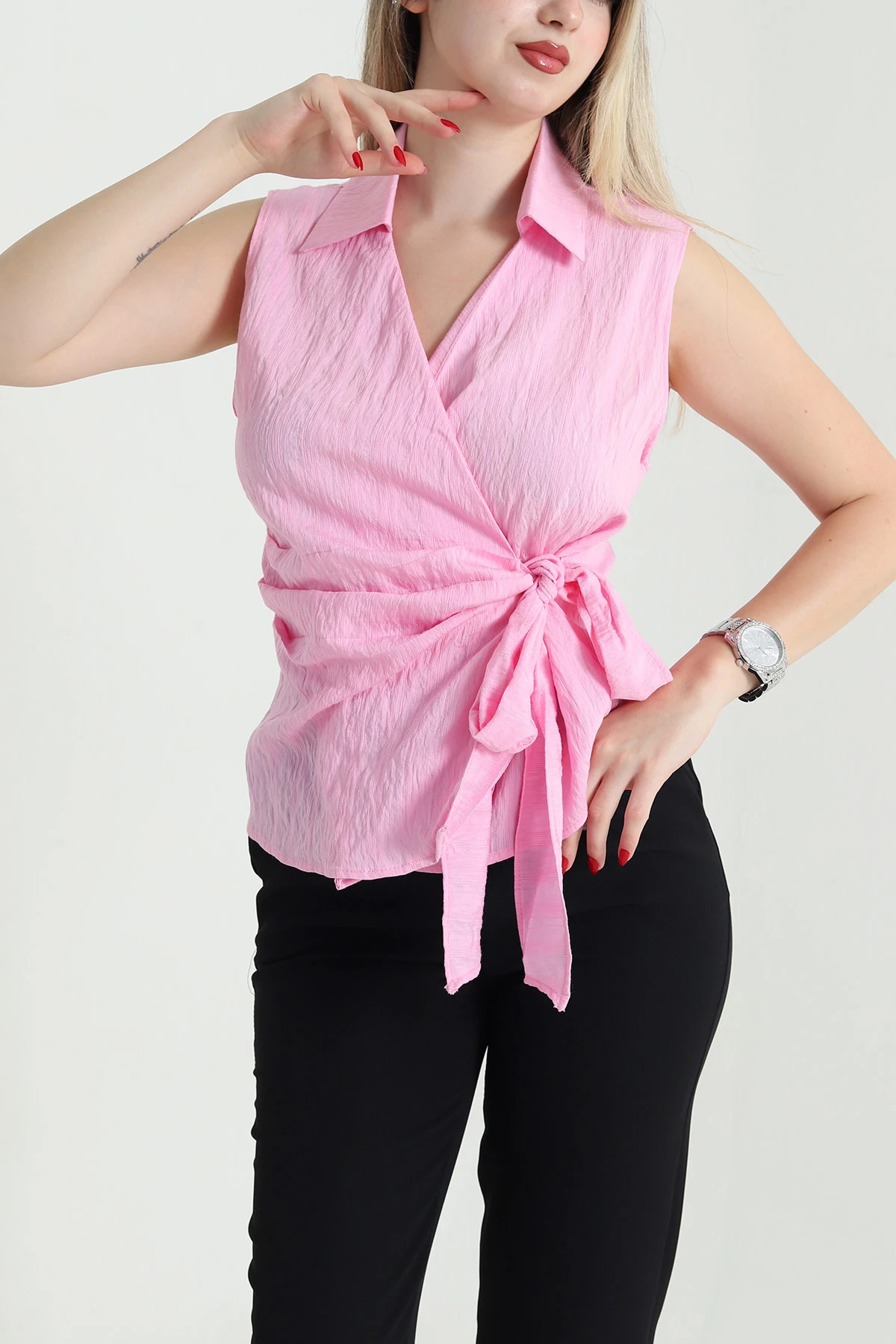 Pembe Yandan Bağlamalı Kolsuz Tensel Kadın Bluz 466759