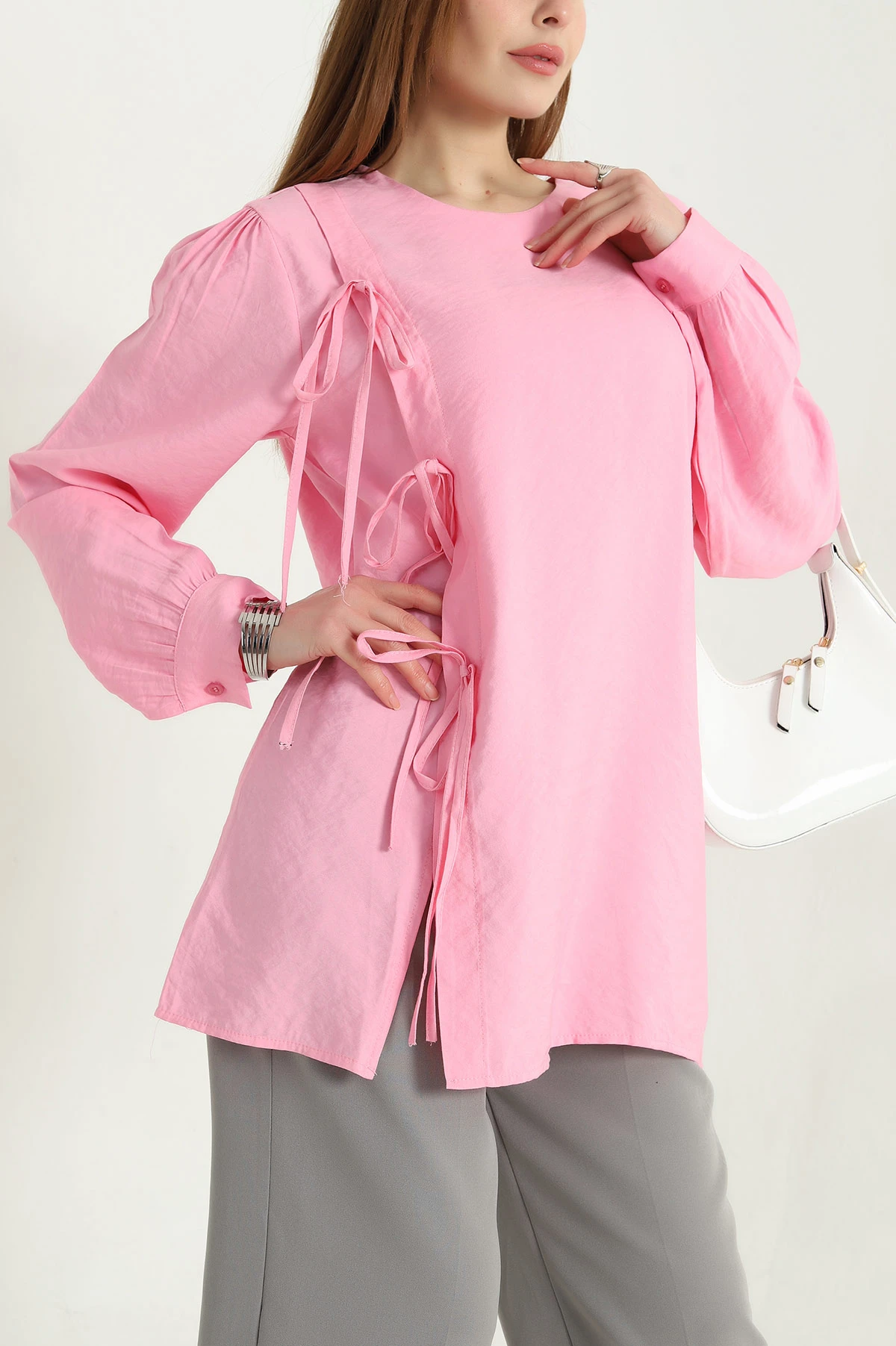 Pembe Yandan Bağlamlı Gömlek Bluz 338762