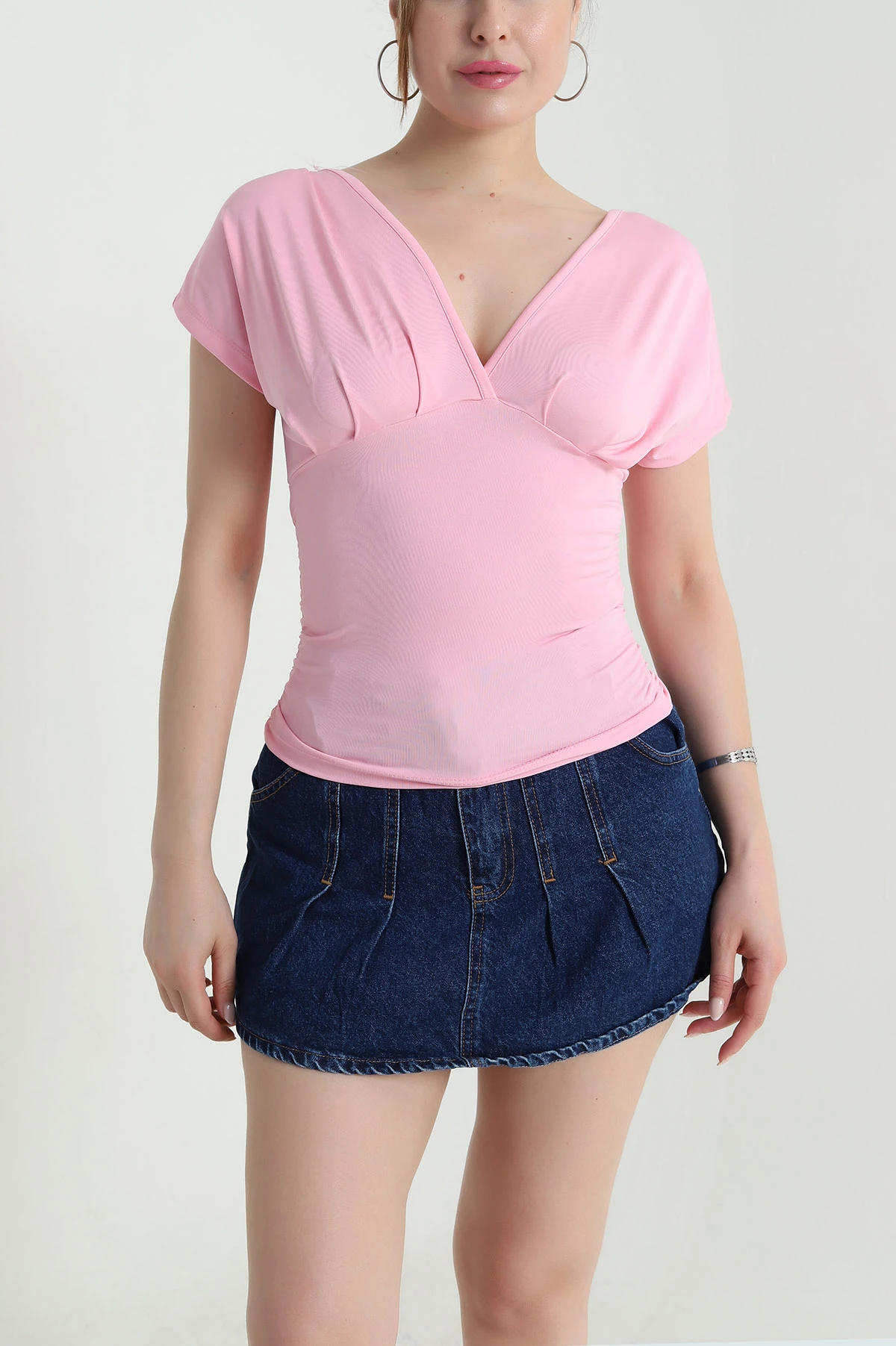 Pembe Yandan Büzgülü Scuba Kadın Bluz 473519