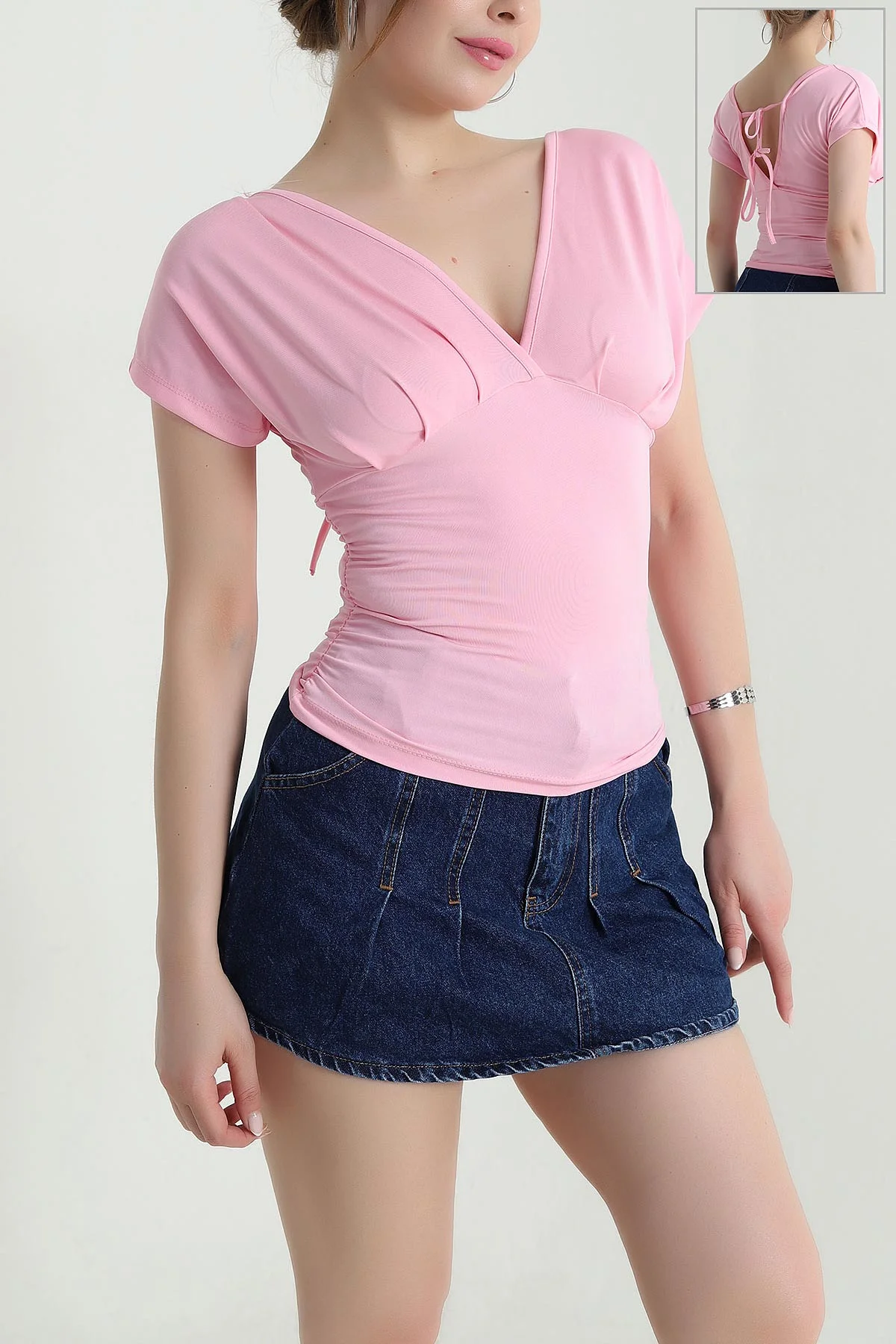 Pembe Yandan Büzgülü Scuba Kadın Bluz 473519