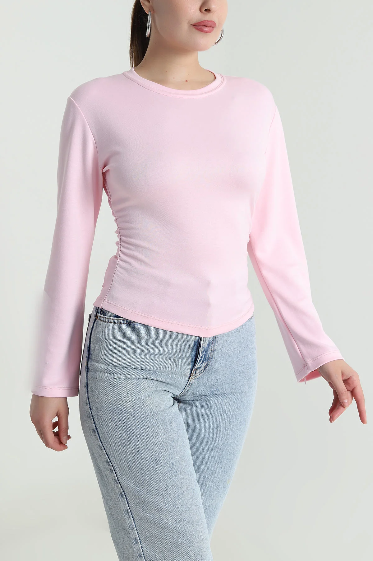 Pembe Yanı Büzgülü Modal Kadın Bluz 484401