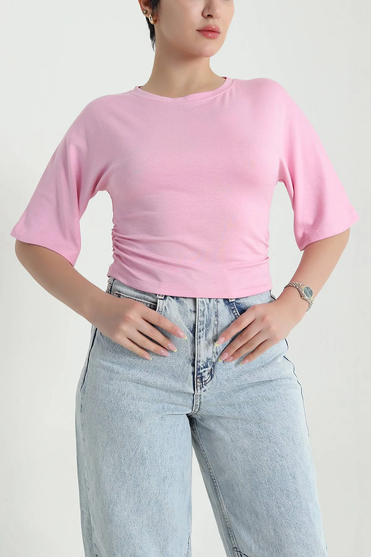 Pembe Yanı Büzgülü Oysho Kadın Tişört 469632