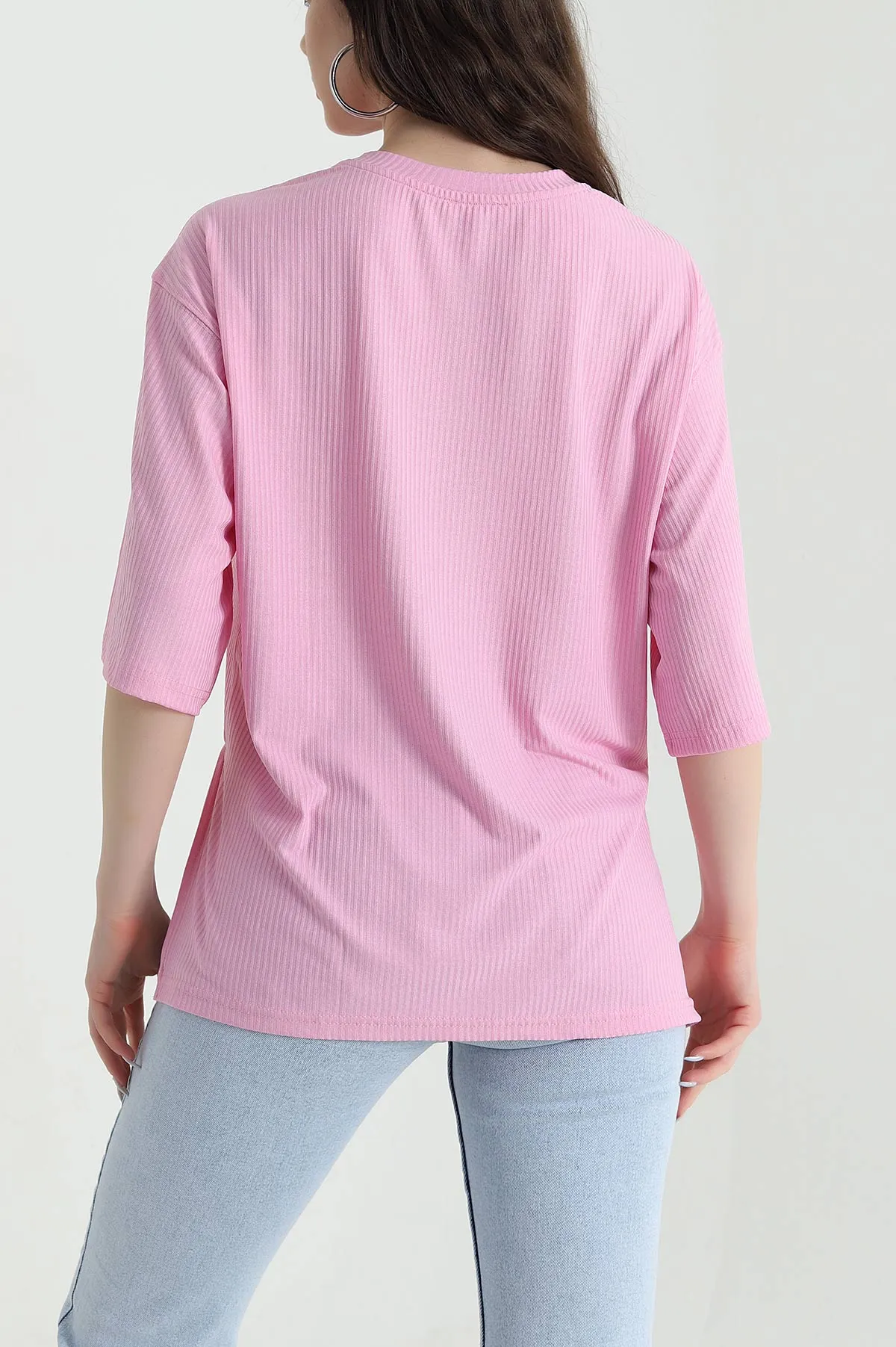 Pembe Yanı Yırtmaçlı Bisiklet Yaka Kadın Bluz 449270