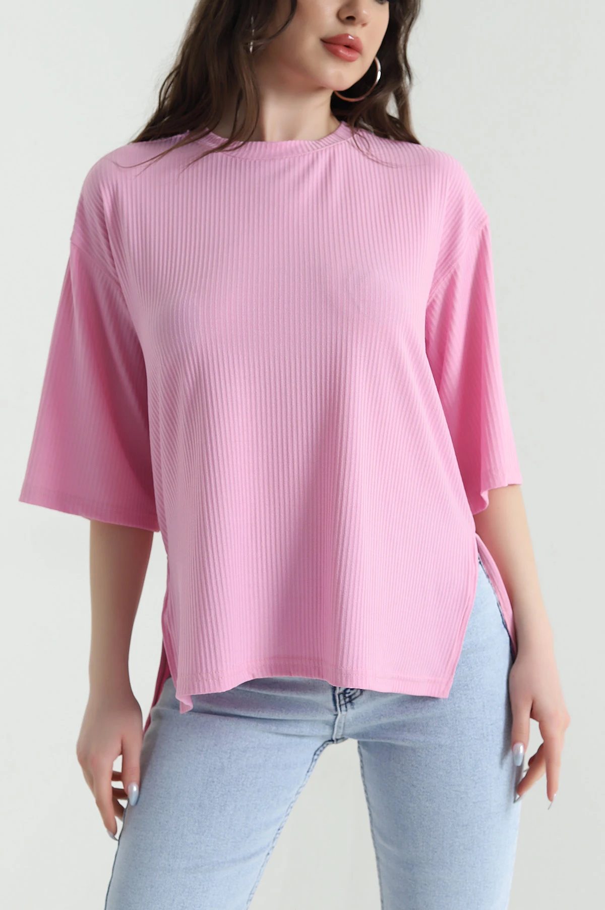 Pembe Yanı Yırtmaçlı Bisiklet Yaka Kadın Bluz 449270