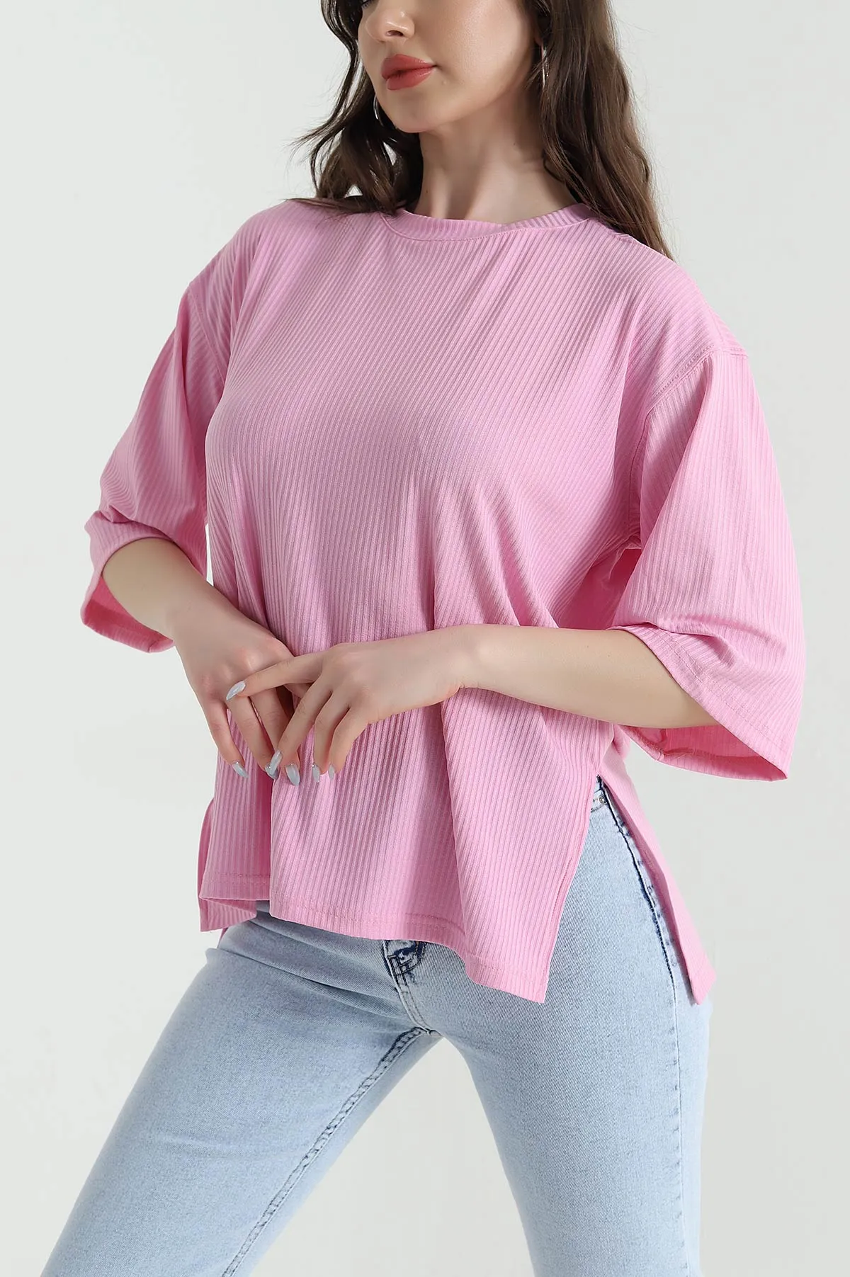 Pembe Yanı Yırtmaçlı Bisiklet Yaka Kadın Bluz 449270