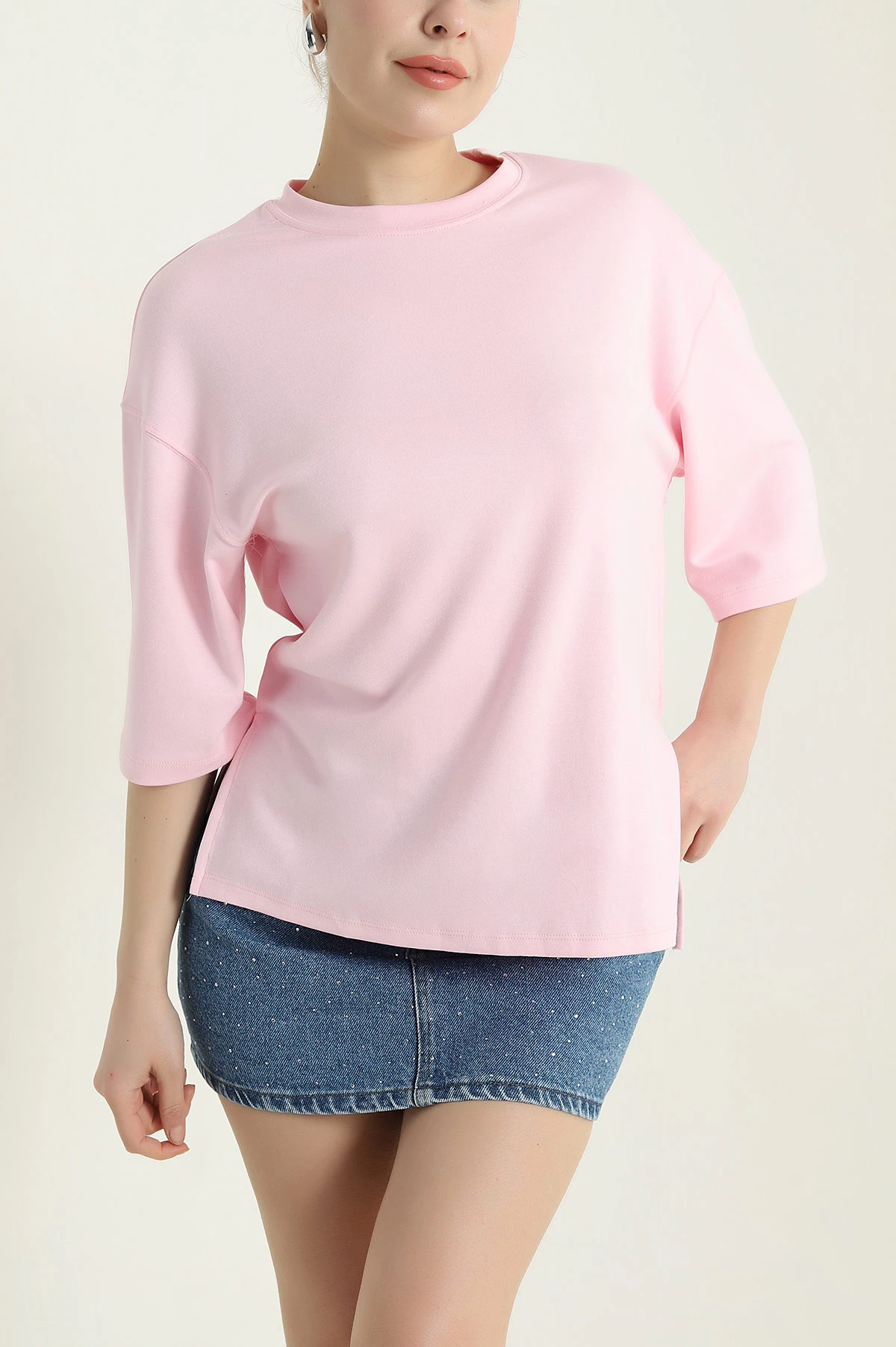 Pembe Yanı Yırtmaçlı Oysho Kadın Tişört 435501